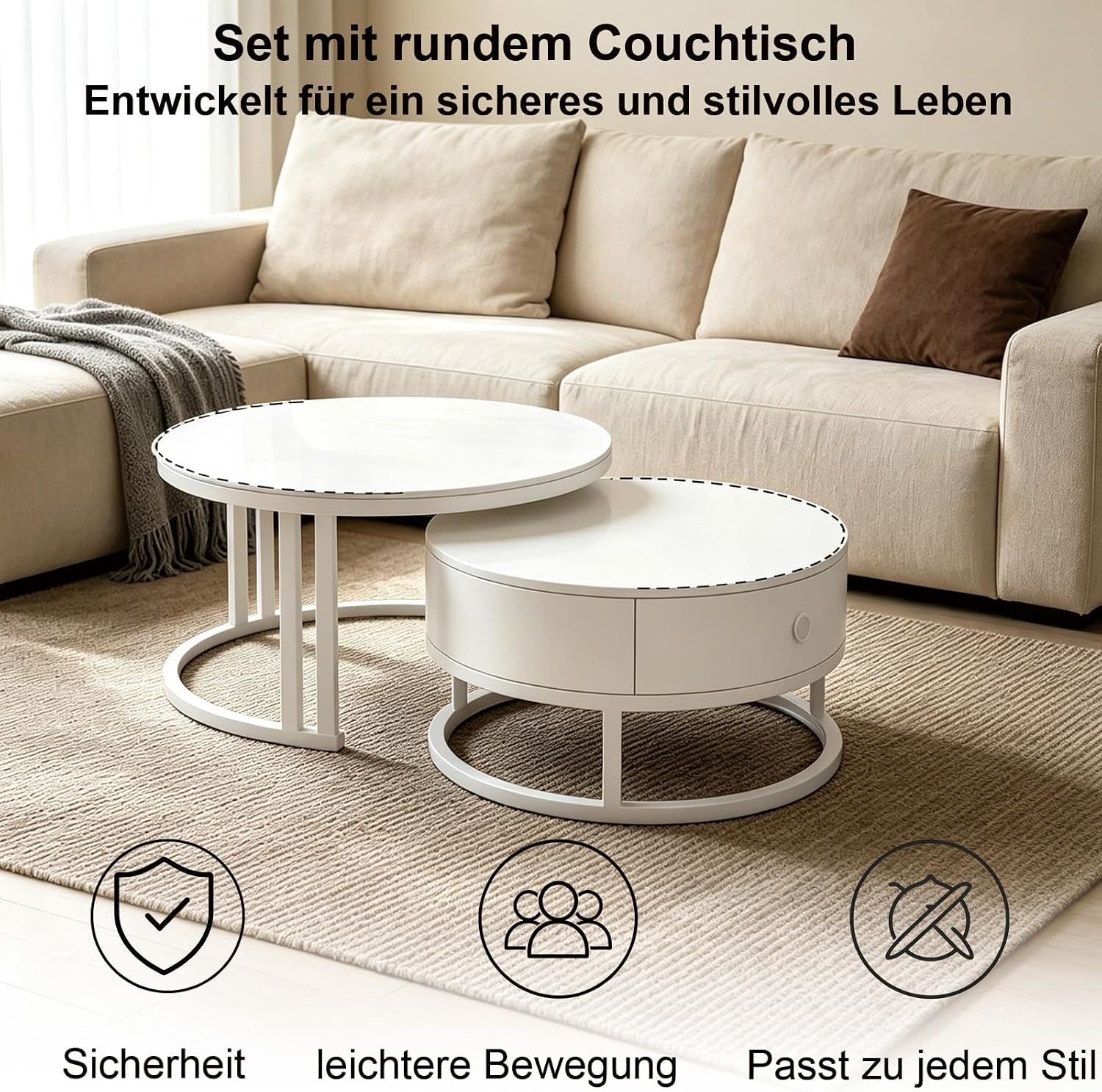 Runde Satztische 2er-Set mit Schublade & Stauraum, Weiß, 70/50 cm