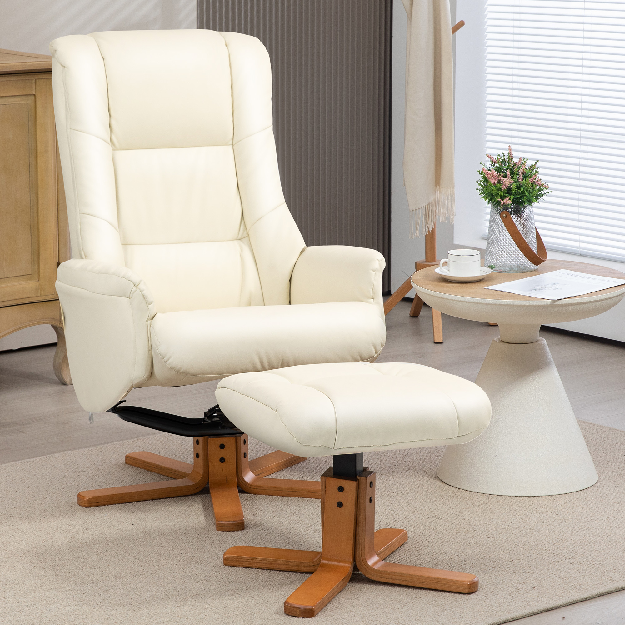 HOMCOM Relaxsessel mit Hocker, Liegefunktion, Kunstlederbezug, bis 150 kg, 71 x 84 x 102 cm, Cremeweiß