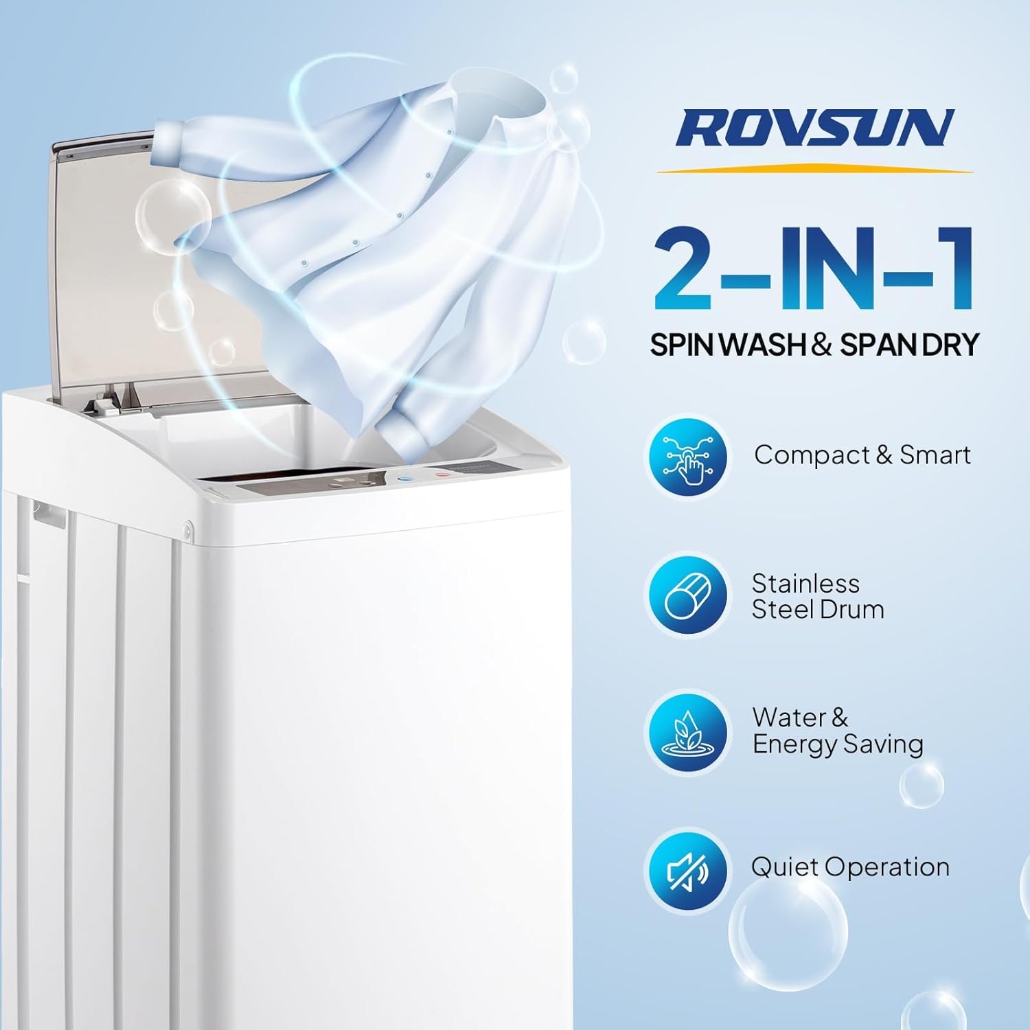 ROVSUN Lavatrice con caricamento dall'alto, 5 kg, con 8 programmi di lavaggio e 5 livelli d'acqua, piccola lavatrice silenziosa, 60-70 dB, timer 24H, 51 × 47 × 87 cm, bianco