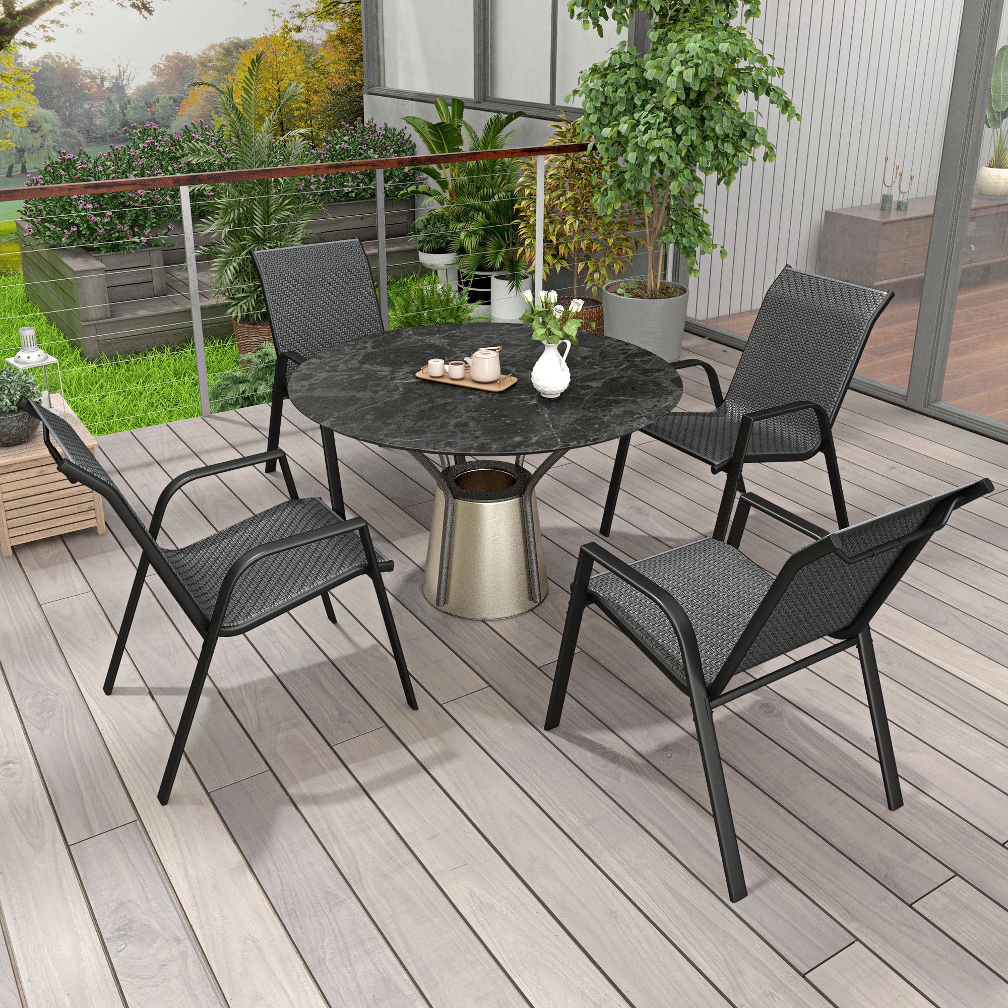 Outsunny Set mit 4 stapelbaren Gartenstühlen, Gartenstuhl mit Armlehnen und Rattan-Effektüberzug aus geflochtener Harzbeschichtung