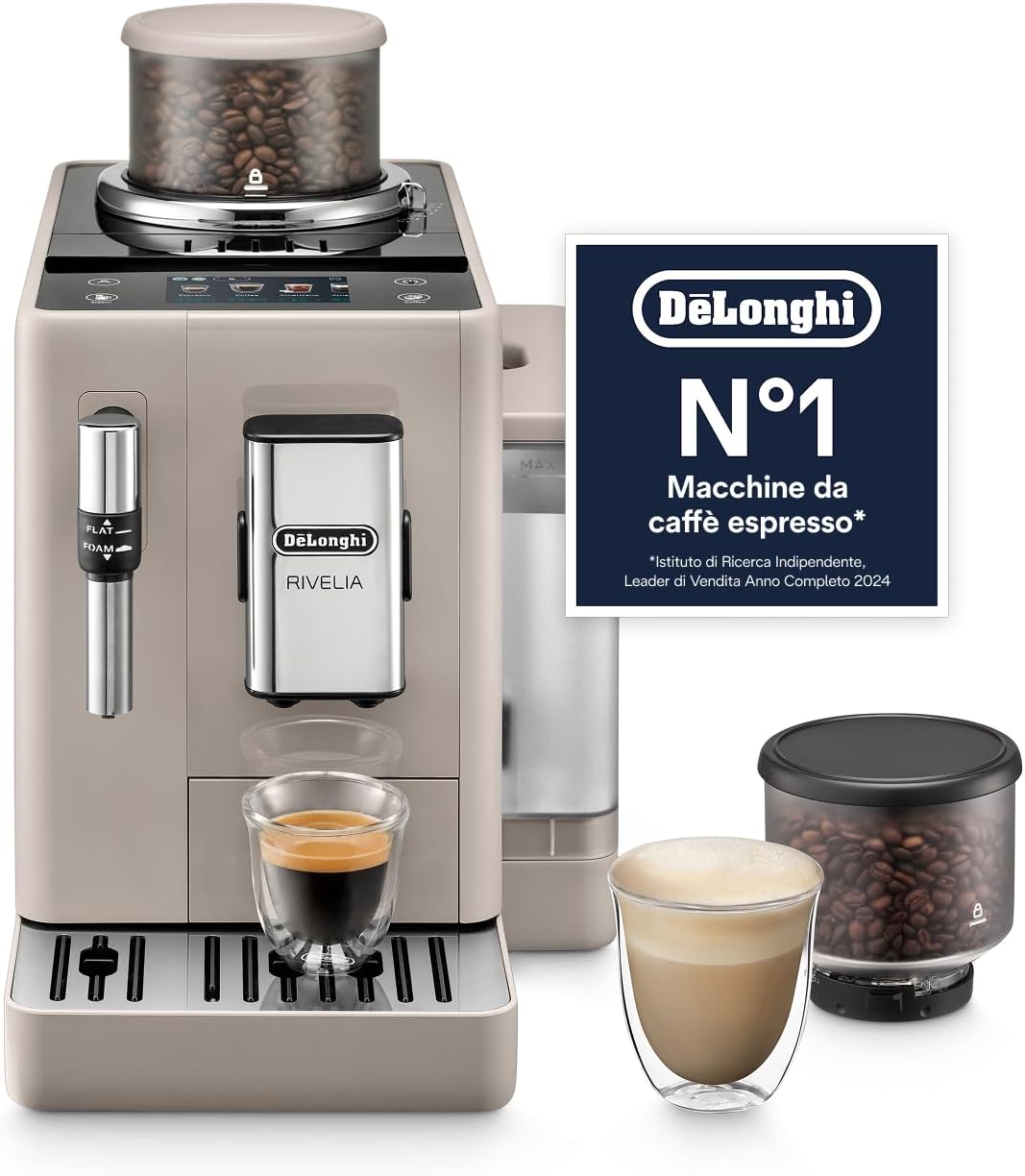 De’Longhi Rivelia – Perfetto Macchina da Caffè Automatica, Montalatte Classico, 8 Bevande in un Solo Tocco, Display Touch a Colori, Contenitori Chicchi di Caffè Intercambiabili, Beige (EXAM440.35.BG)