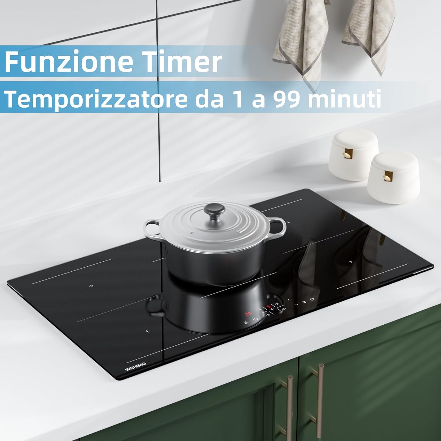 Piano cottura a induzione 5 Fuochi da Incasso, Piastra a Induzione 8600W, Piano Cottura 90cm, 9 Livelli di Potenza, Booster, Timer, Nero, 5 Zone