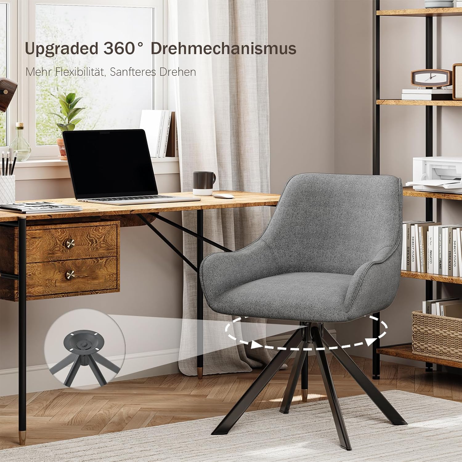 Esszimmerstühle Drehbar 6er Set mit Armlehne – 360°Drehbar Polsterstuhl Leinen Modern Drehstuhl Küchenstuhl mit Metallgestell und Rückenlehne für Esszimmer, Wohnzimmer, Büro, Hellgrau