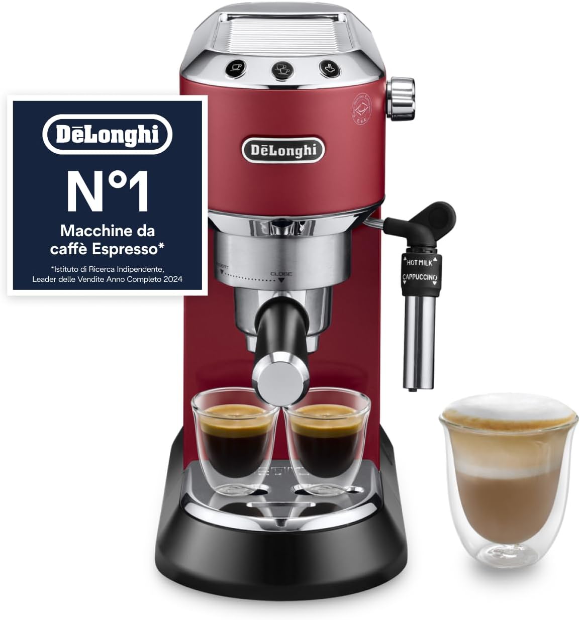 De'Longhi Dedica EC685.R Macchina Caffè Espresso Manuale, Caffè Polvere o Cialde E.S.E., Montalatte classico per Cappuccini, Spegnimento Automatico, Serbatoio 1L, Filtro Singolo/Doppio, Rosso