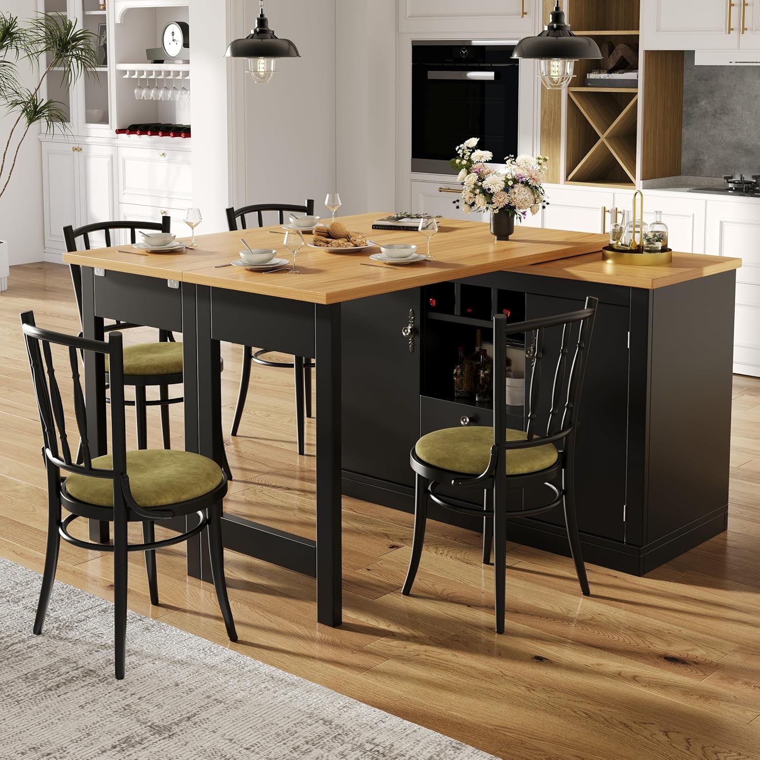 Ausziehbarer Bartisch mit Stauraum, 360° Drehbarer Stehtisch Kücheninsel mit Verstellbare Tischplatte 120-180cm, Küchen (Schwarz)