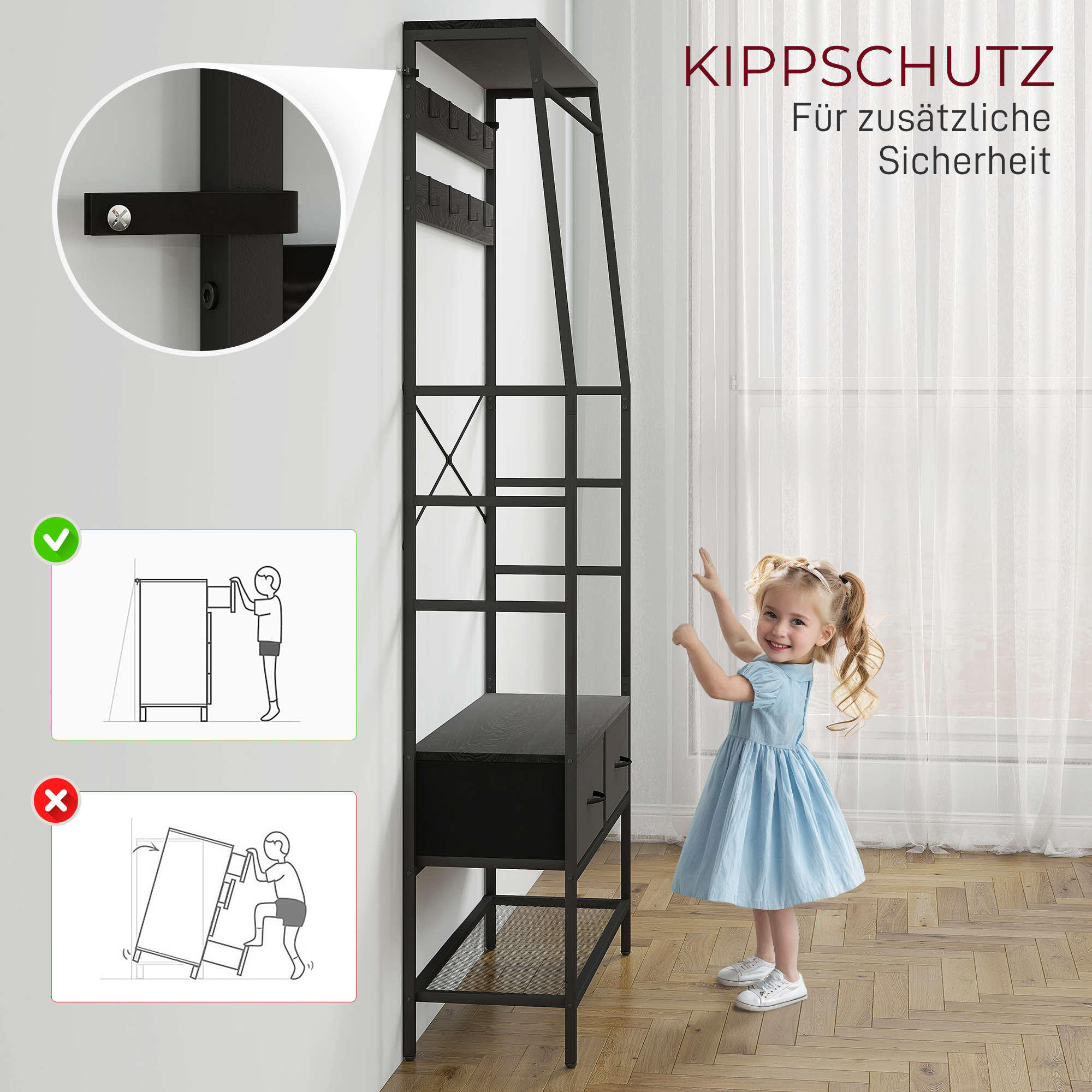 Kapstok met Schoenenrek in Industri?le Stijl, Kledingrek met 2 Stoffen Lades, 8 Haken, Metalen Frame, Zwart