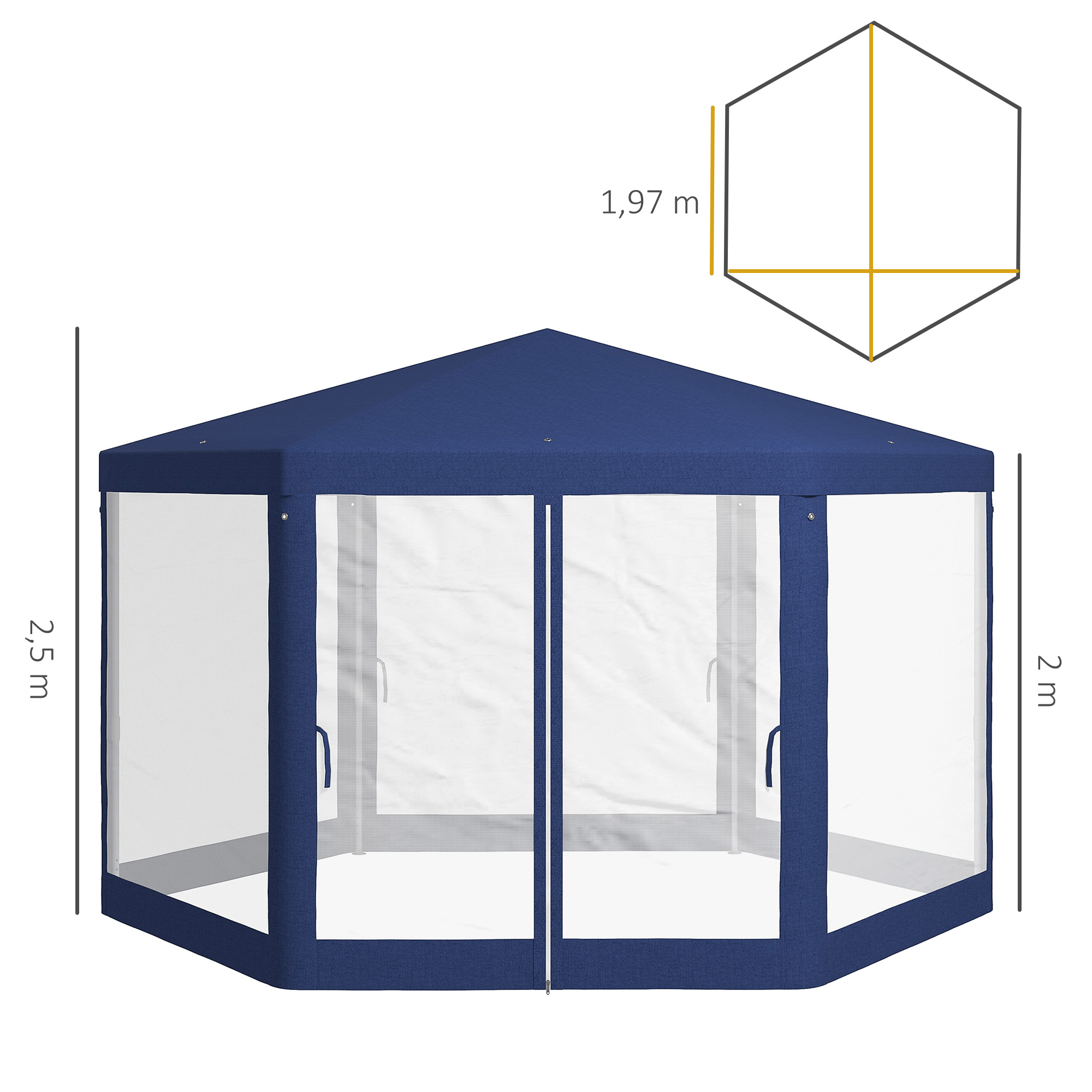 Tuinpaviljoen, 6-hoekig, Muskietennetten, Metalen Frame, 3,94x3,412x2,5m, Blauw