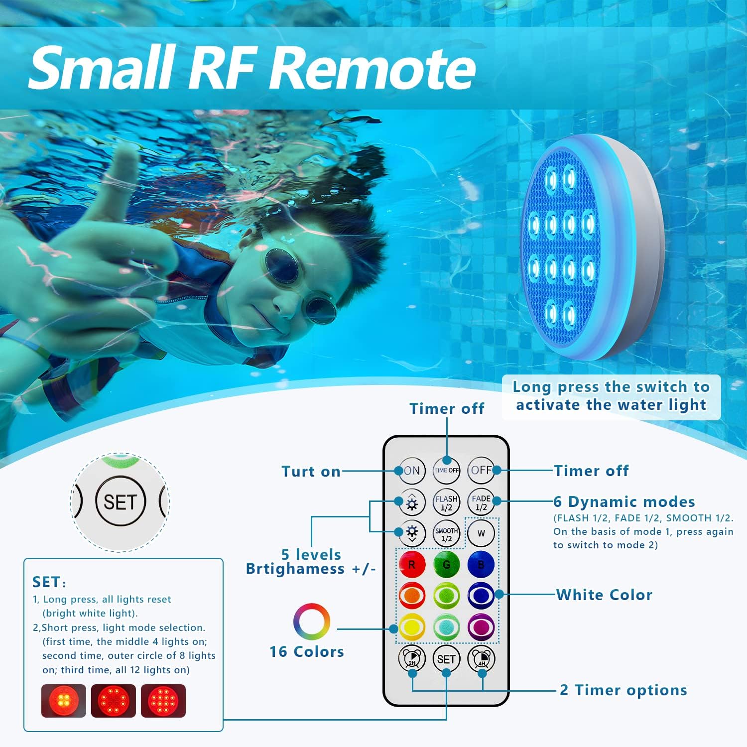 Pool-Lichter, wiederaufladbar, tauchfähige LED-Leuchten, IP68 wasserdichte Unterwasser-Lichter, 16 Farbwechsel, schwimmende Lichter mit Fernbedienung, Magneten, Saugnäpfen für Badewanne, Teich,