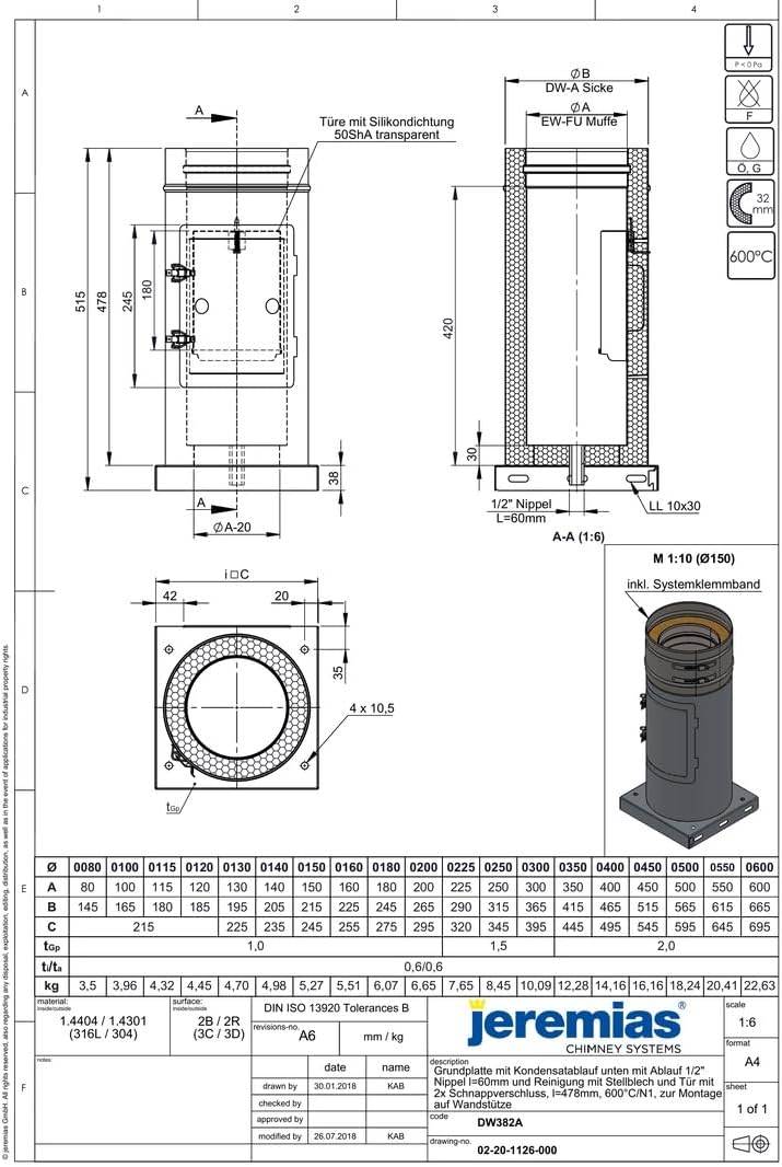 Jeremias DW-FU Revisionselement 150mm Edelstahl mit Grundplatte und Kondensatablauf für Außenbereich bis 600°C doppelwandiges Abgassystem