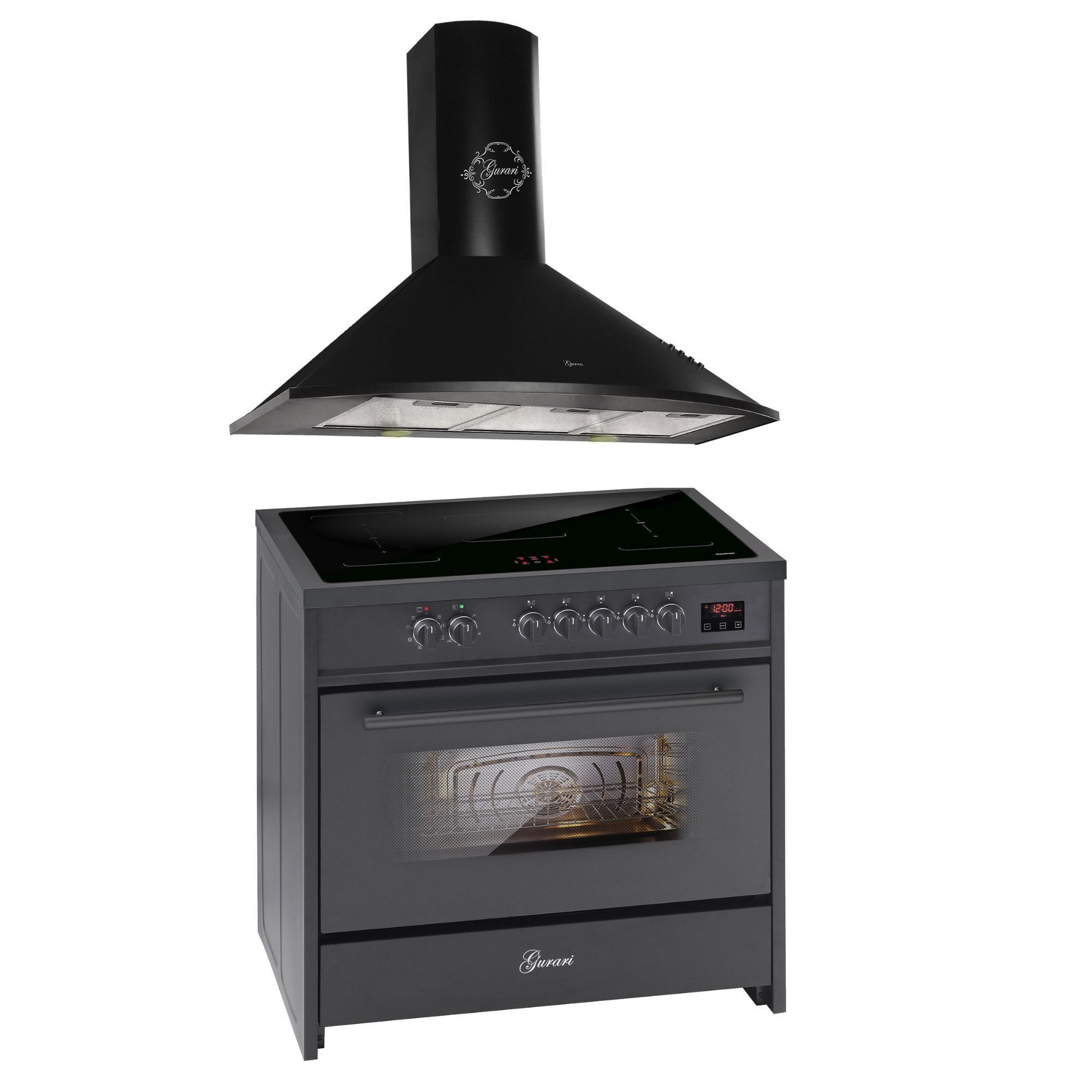 Induktions-Standherd Induktionsherd 90 cm Standherd Schwarz, 5 Kochzonen,Range Cooker 90 cm, 121L+ Dunstabzugshaube 90 cm E 913 BL+GCH 046 Bl 9.
