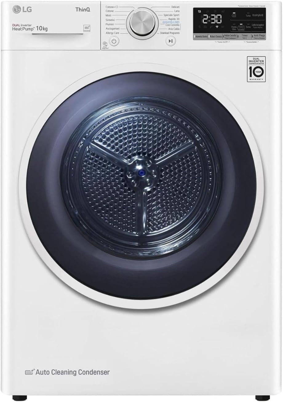 LG RH90V9LVEN Smart Front Load Dryer 9 kg, V9 Series, Class A+++, Condensation with Dual Inverter Heat Pump, Eco Hybrid, Self-Cleaning Capacitor, Allergy Care, Wi-Fi, White