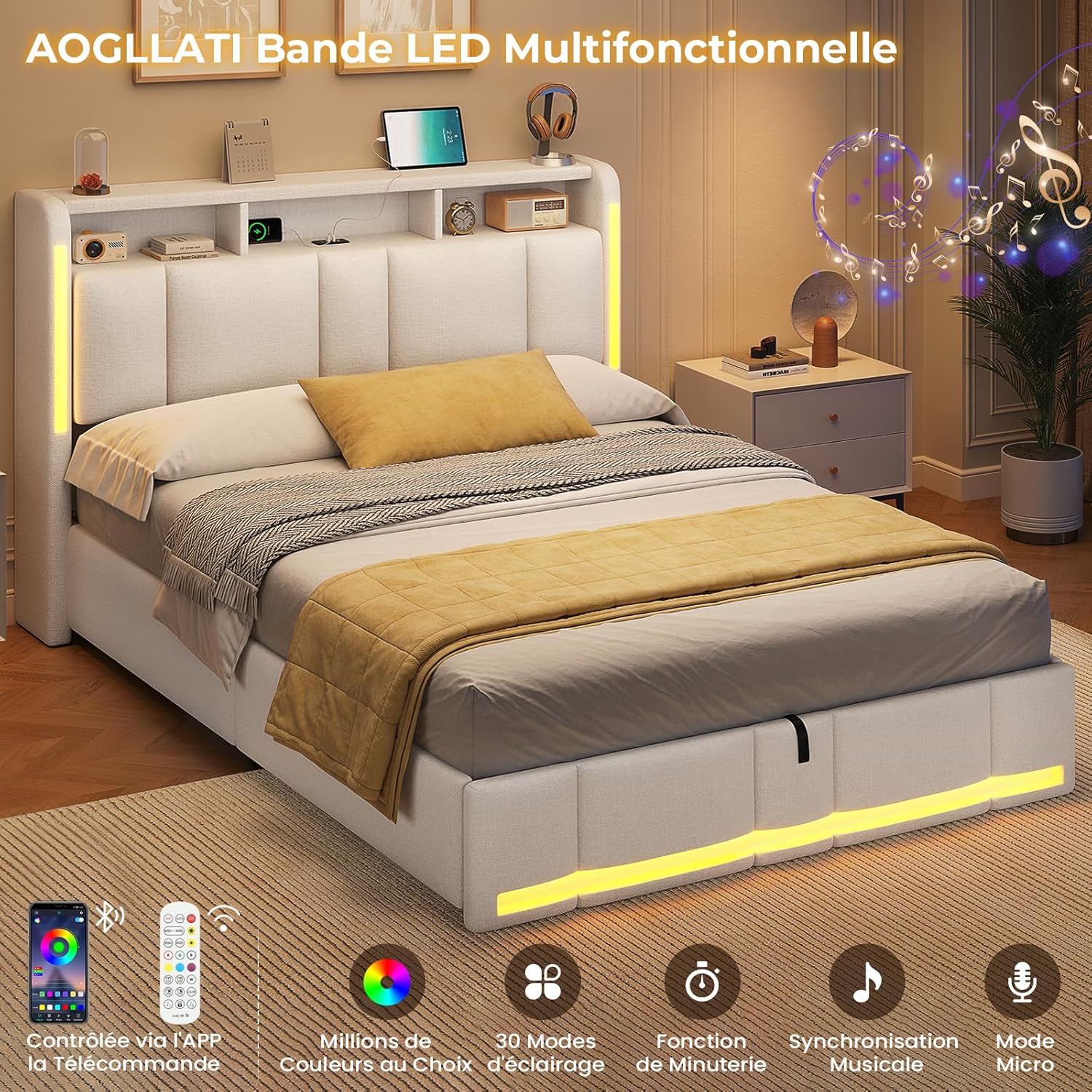 AOGLLATI Polsterbett 140×200 mit Steckdosen & LED Beleuchtung, Doppelbett mit Stauraum Kopfteil & Hydraulischem Stauraum, Bettgestell mit Lattenrost, Jugendbett 140×200, Linen, Ohne Matratze, Beige