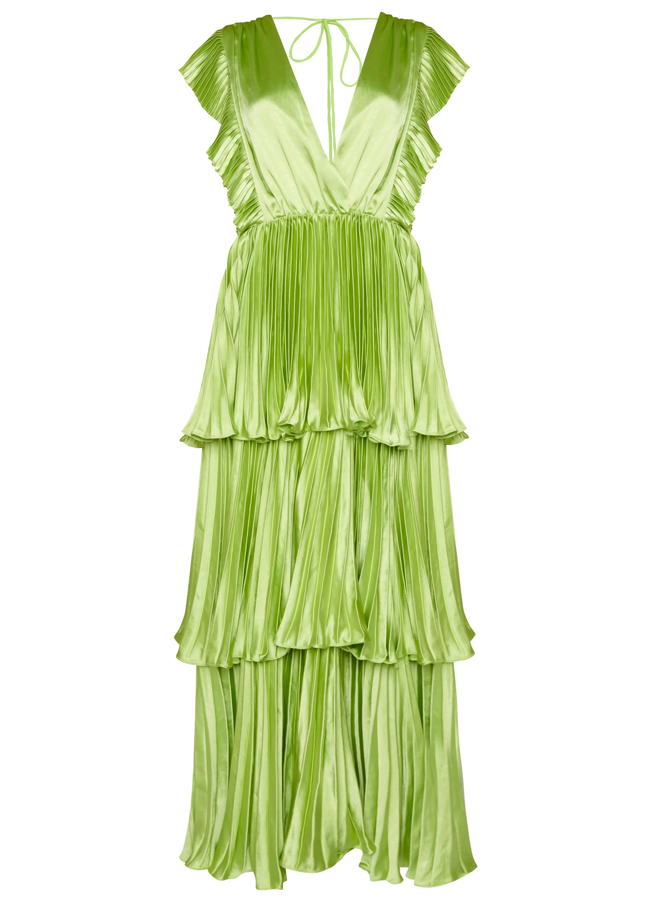Lime Green Satin Pleated Tiered Midaxi Dress