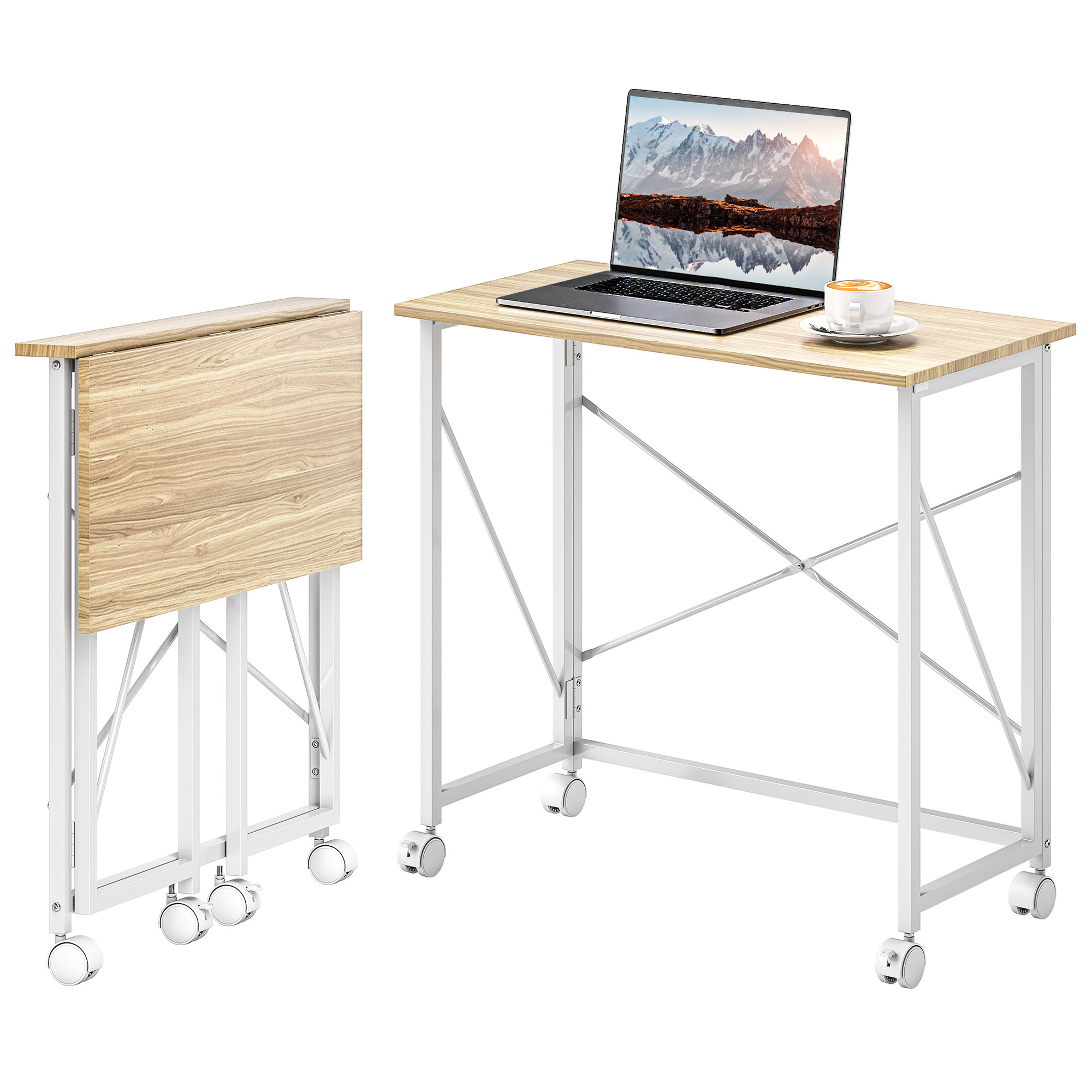 HOMCOM Klappbarer Computertisch 80 x 40 cm auf Rollen für Homeoffice, Schlafzimmer, kleine Räume, Eiche