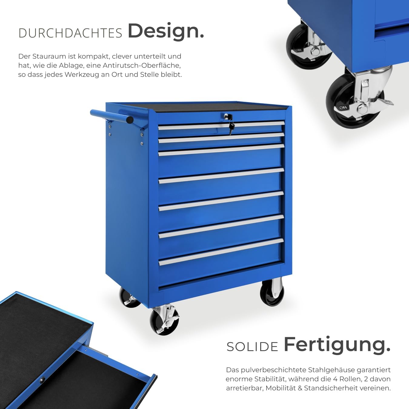 tectake Werkzeugwagen, Werkstattwagen, rollende Werkstatt, Werkzeugwagen leer, Werkzeugbox, 7 Schubfächer, 69 x 33 x 79 cm, Rollen mit Bremsen, inkl. 2 Schlüssel - blau