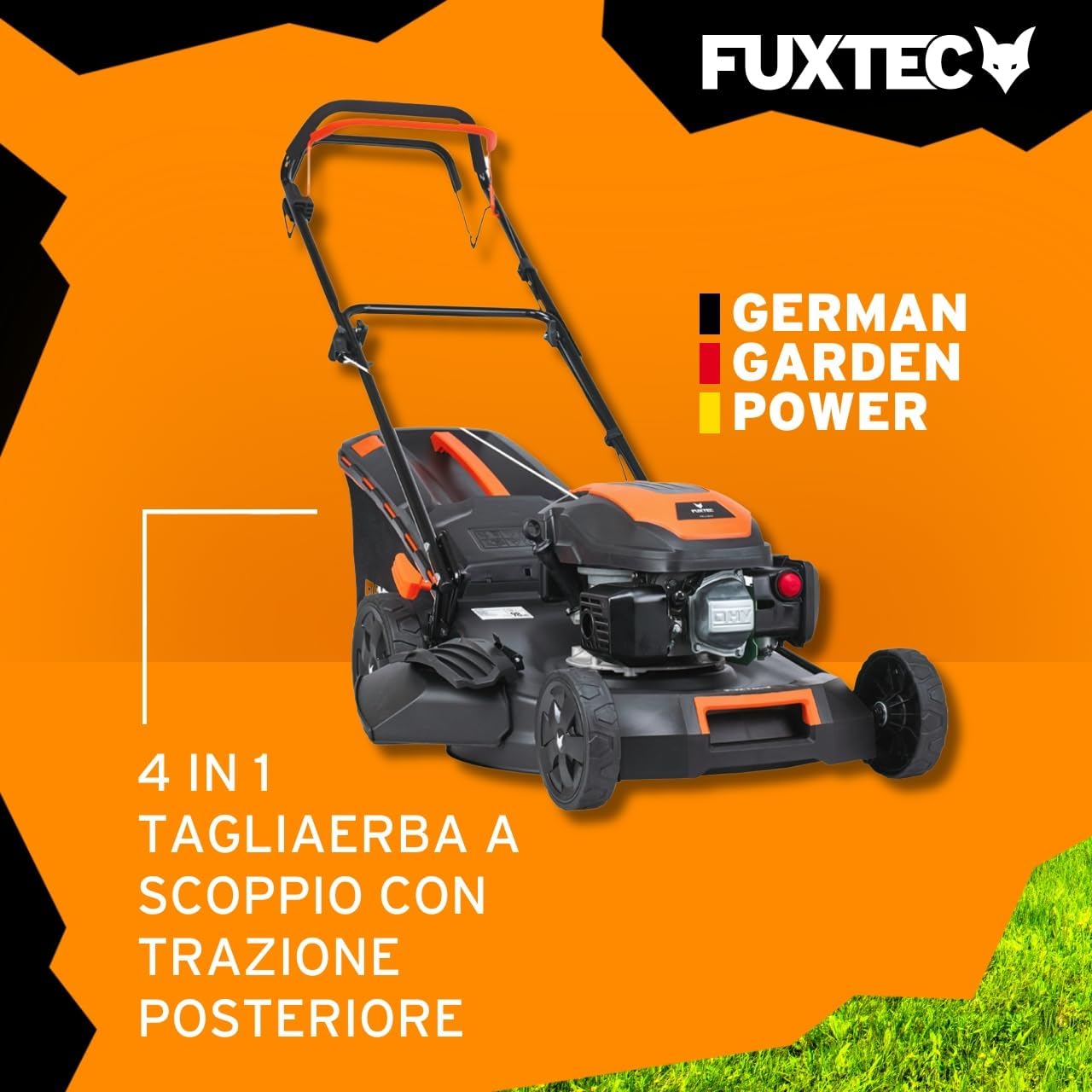 Tagliaerba a scoppio semovente FUXTEC RM5170 4in1-4 CV - Tosaerba a benzina - Motore 170cc 4 tempi con autotrazione - Larghezza di taglio 51cm - Mulching - cesto di raccolta 60L