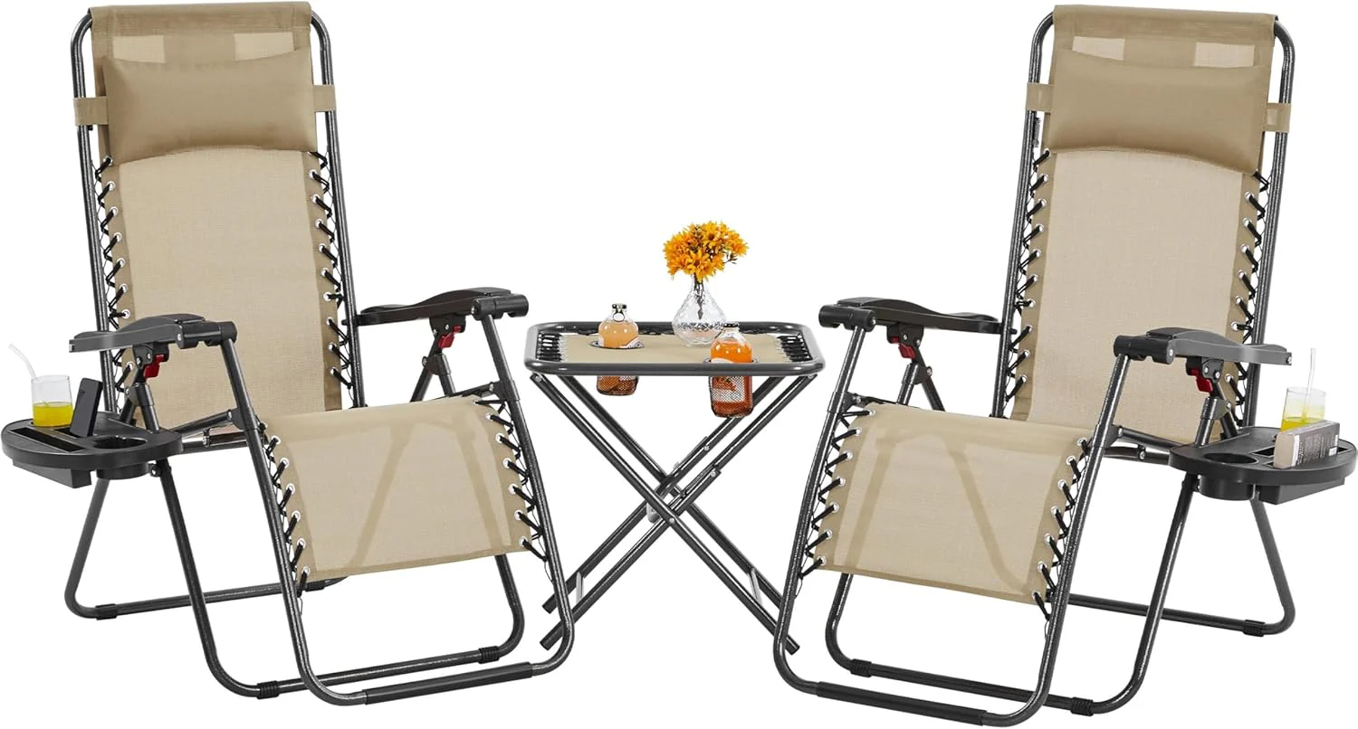 3PCS Zero Gravity Recliner Portable Outdoor Reclining Chair Set w/Side Table Folding Chaise Lounge Chairs