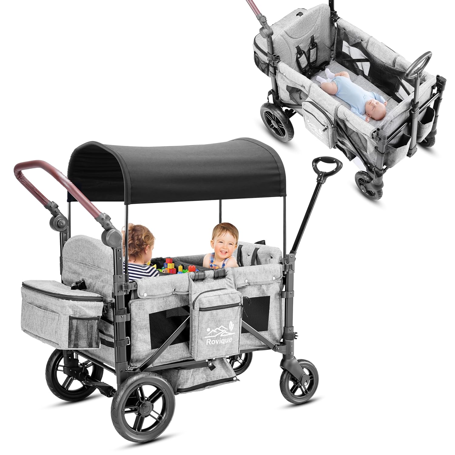 Wagon Stroller for 2 Kids, Canopy, Bassinet, Tray, All-Terrain Wheels