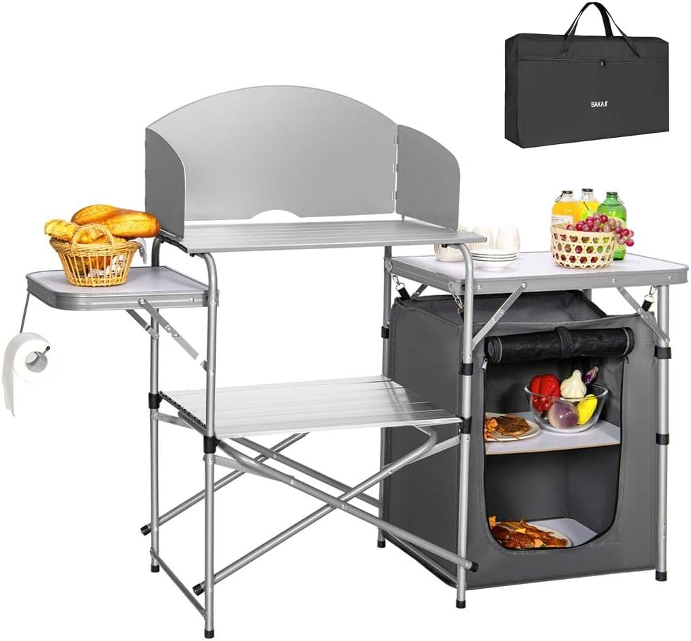 BAKAJI Cucina Armadio Mobiletto Tavolo Da Campeggio Picnic Compatta Portatile Pieghevole, Telaio Alluminio Cucinotto Paraspruzzi Borsa Trasporto Vano Portaoggetti In Tessuto (Compatto + Estensione)