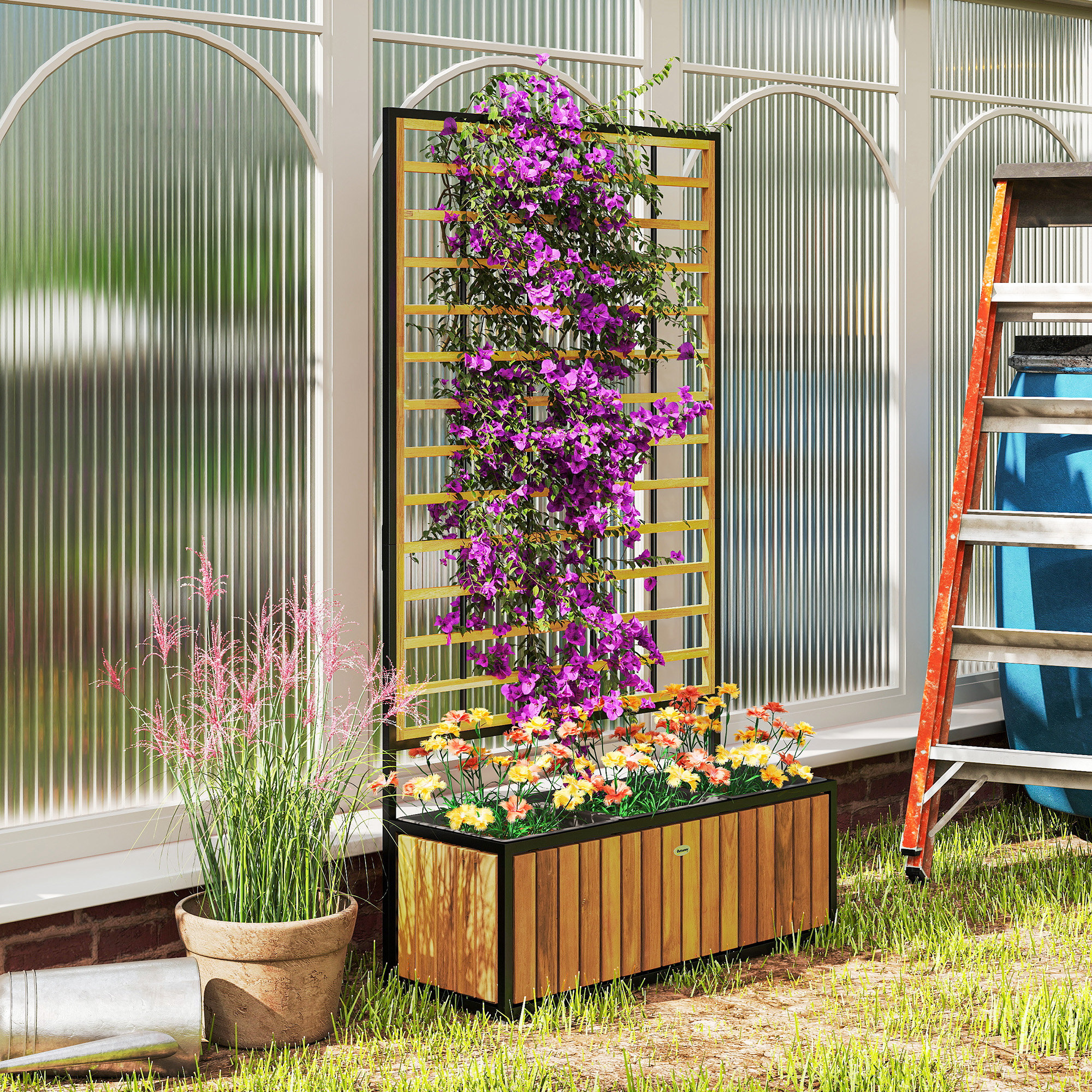 Outsunny Jardinière mit Rankgitter erhöhtes Gartenbeet mit Abflusslöchern aus Akazienholz und Stahl 74 x 27 x 131 cm Teak
