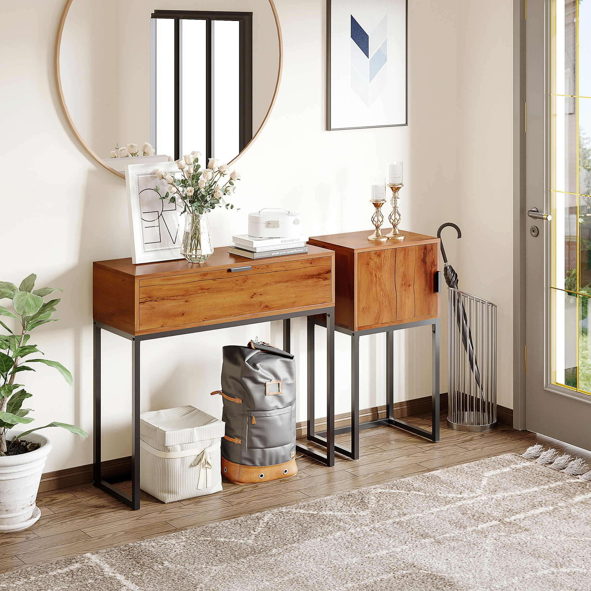 HOMCOM Konsolentisch im Industiriedesign, Beistelltisch, Sideboard, 1 Schrank, Braun + Schwarz