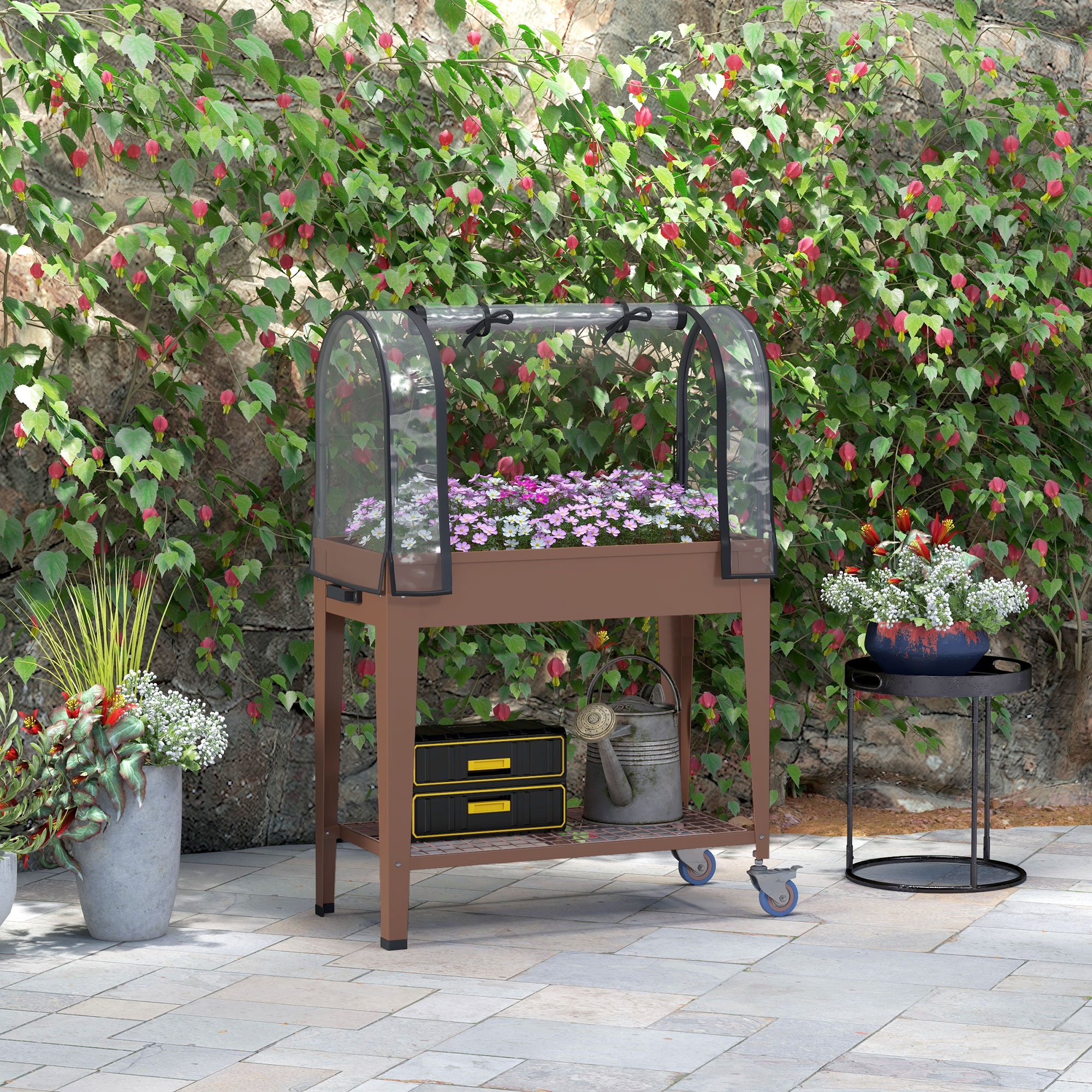 Outsunny Erhöhte Blumenkiste mit Mini-Gewächshaus für Pflanzen, Räder und Regal, 80x40x120cm, Braun