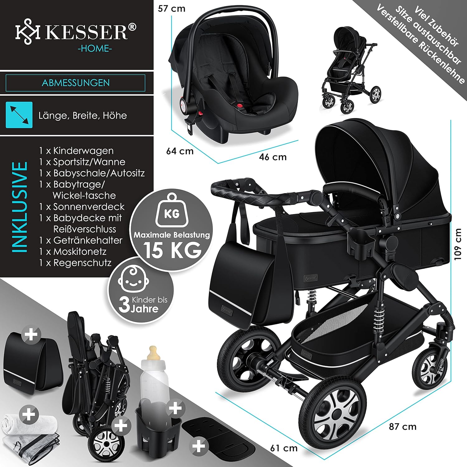 KESSER® Loops 3 in 1 Kinderwagen Kombikinderwagen Komplett-Set inkl. Babywanne & Buggy Sportsitz & Auto-Babyschale Voll-Gummireifen Wickeltasche Regenschutz Kindertisch ECE R129, Schwarz/Schwarz