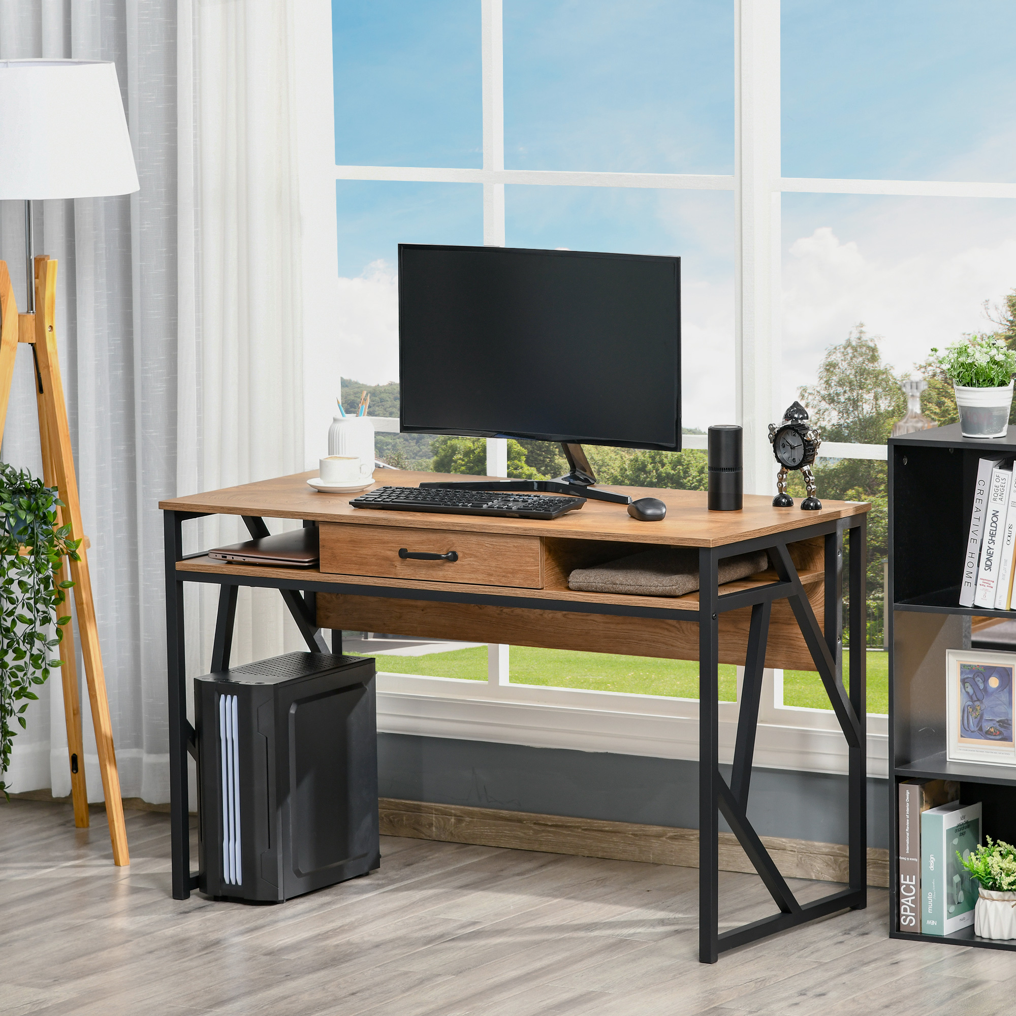 HOMCOM Schreibtisch im Industriestil dim. 120L x 60B x 76H cm mit Schublade + 2 Fächern Metallgestell Schwarz Arbeitsplatte in Nussbaumoptik