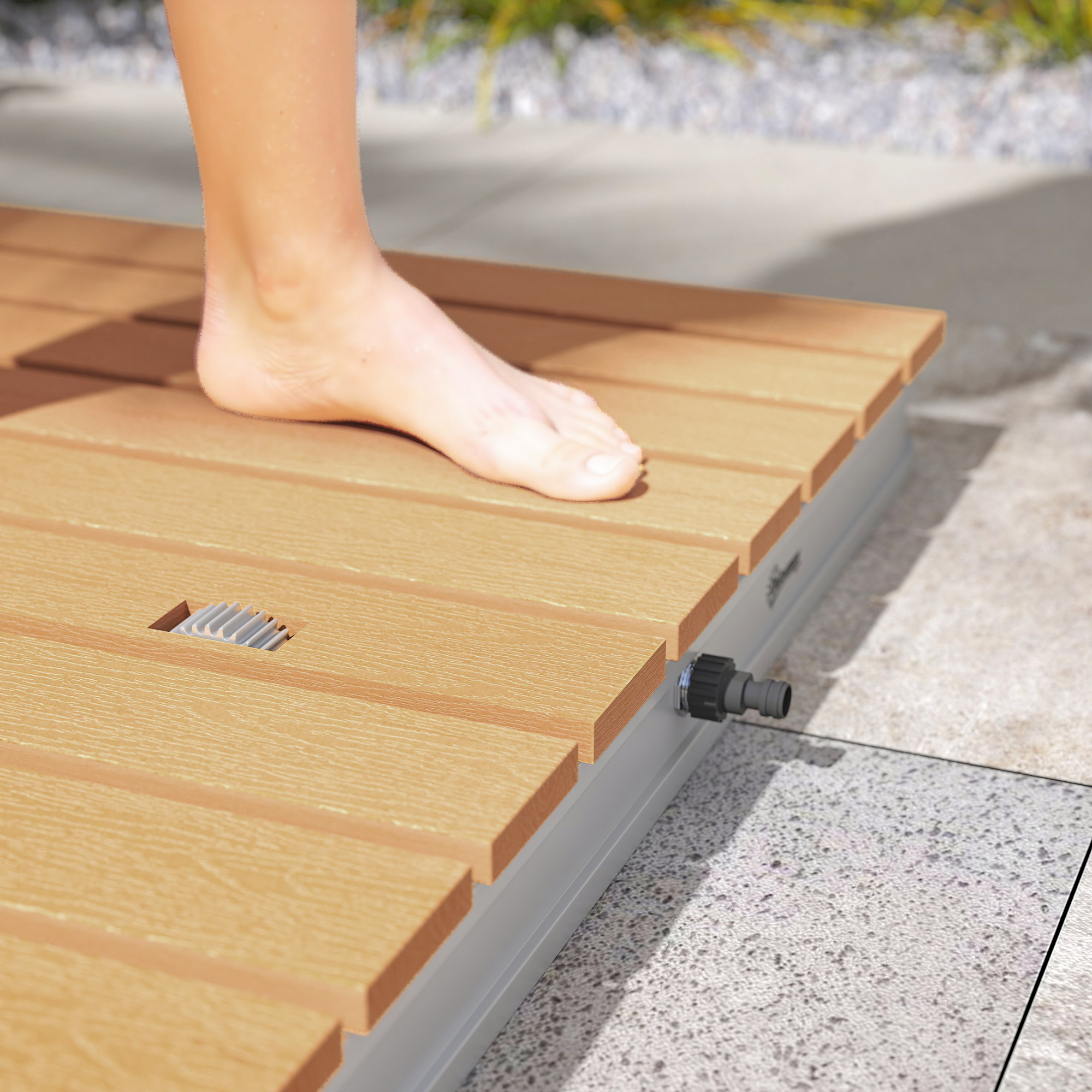 Outsunny Buitendouche Tuindouche met verstelbaar voetwiel Aluminium tot 4 m fonteinhoogte 70 x 55 cm Natuurhout