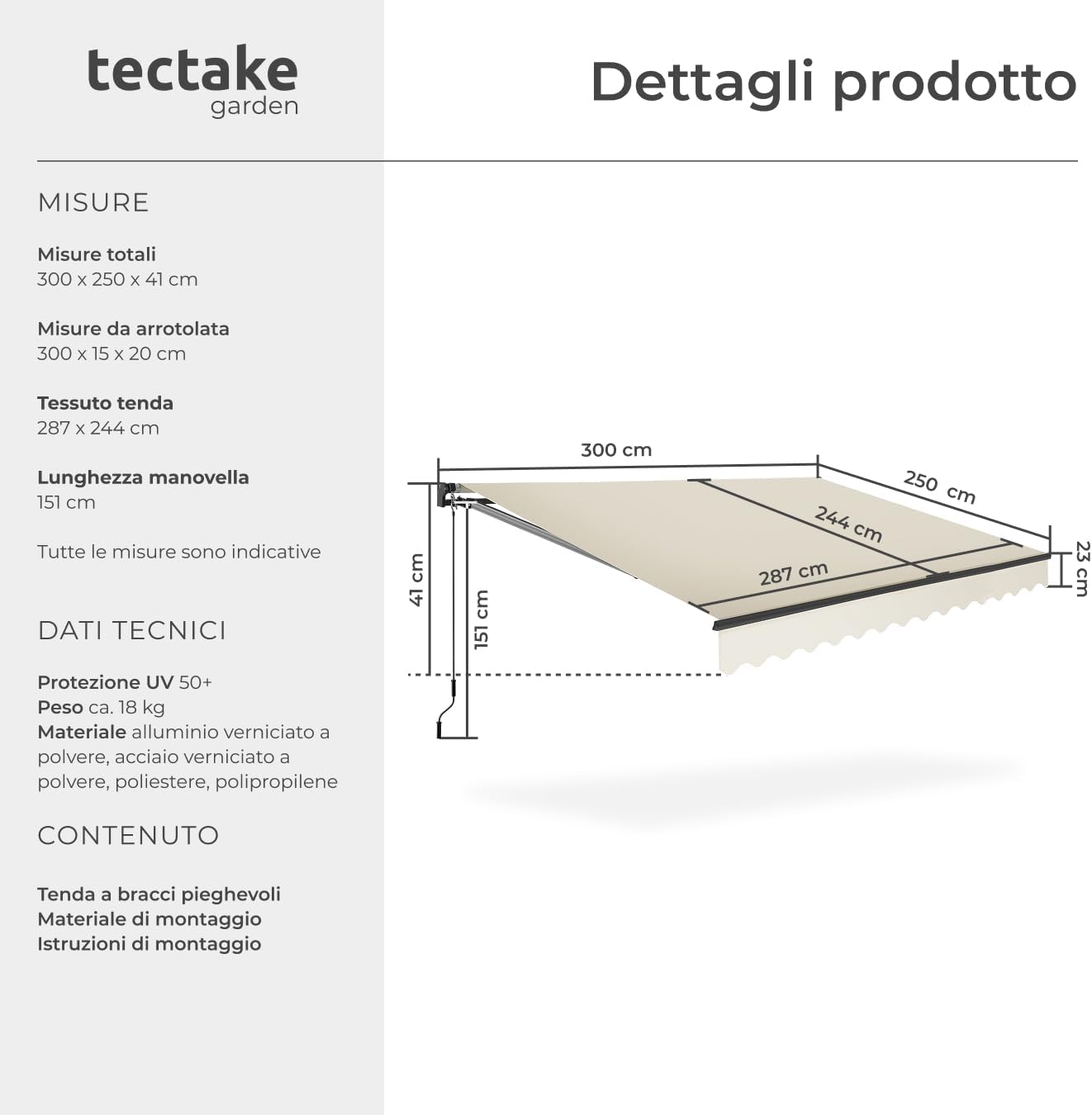 tectake®, Outdoor Awning with Extendable Arms, Roller Blind, Crank, Waterproof, UV Protection, Polyester Fabric, Aluminium Frame, Porch, Balcony, Terrace - 300 x 250 cm Beige