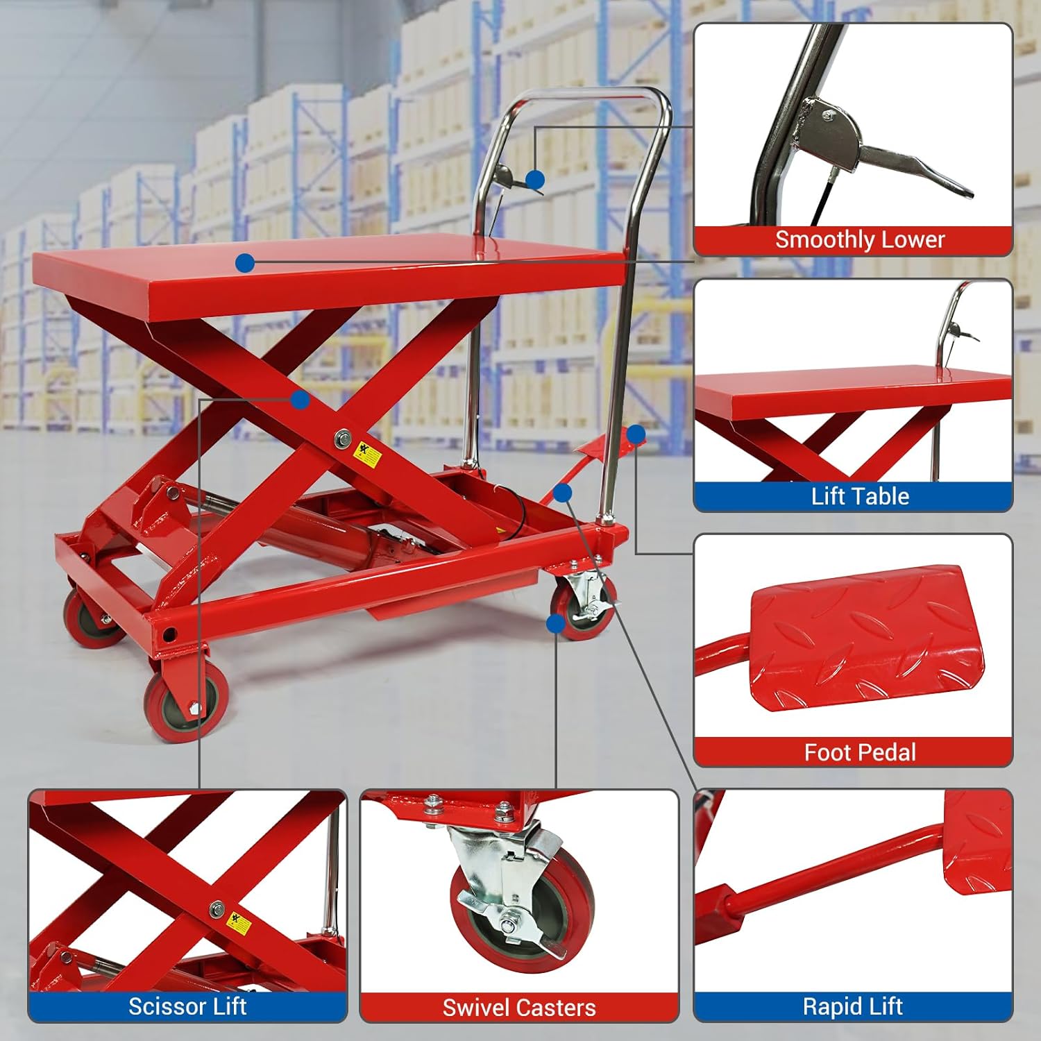500 LBS Hydraulische Schaarlift Tafelwagen C Hefhoogte 76 cm C Dubbele Schaarlift met 4 Wielen en Antislipmat C Hydraulische Heftafel voor Materiaalbehandeling en Transport