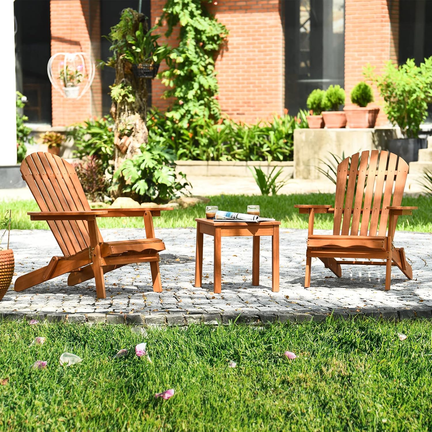 COSTWAY Adirondack 3 Piece Wooden Chairs and Side Table Set Folding Deck Chairs and Side Table with Slatted Design, Wooden Outdoor Furniture for Garden, Patio, Natural