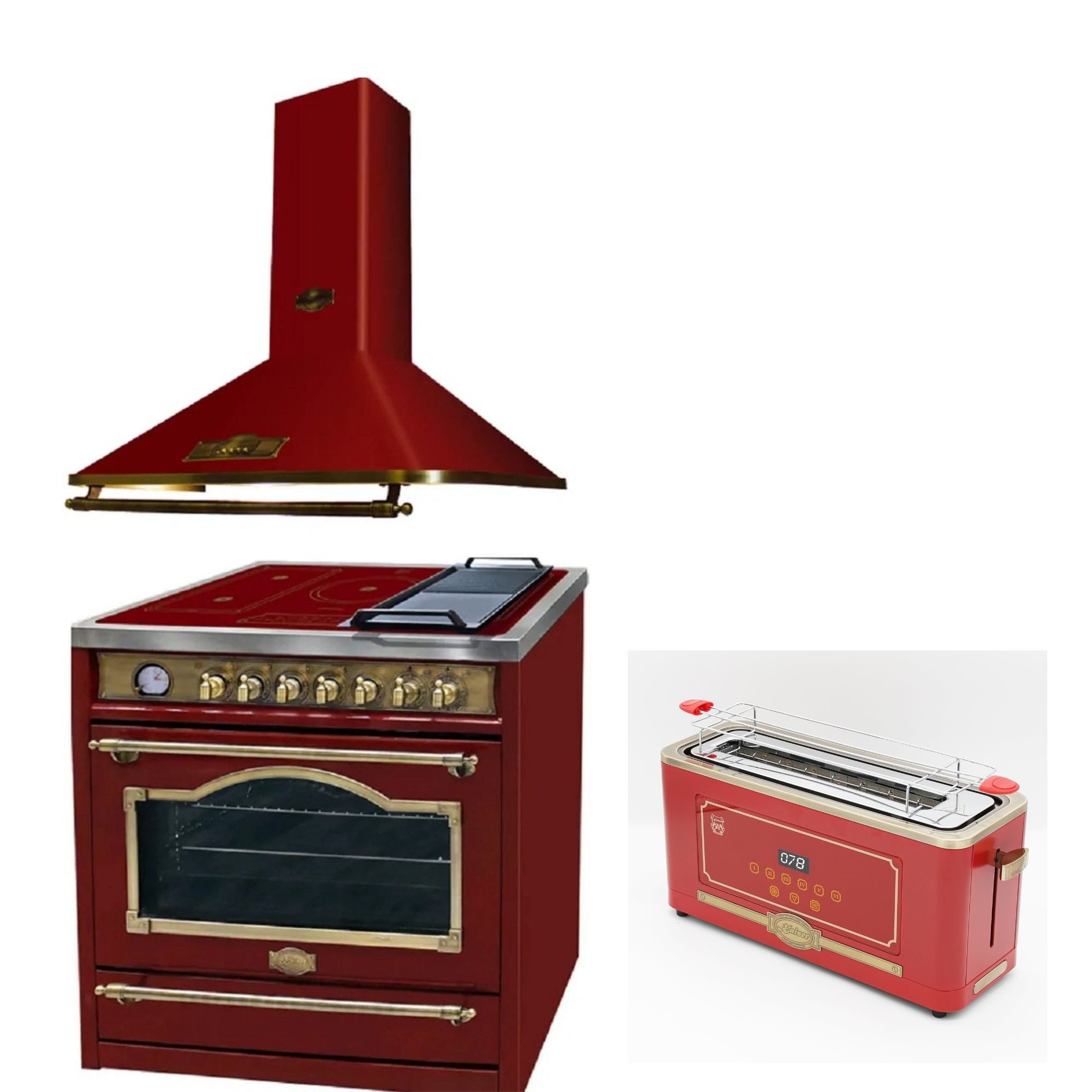 Induktions Herd-Set Elektroherd mit Induktionskochfeld, 90 cm, Farbe Bordeaux mit Dunstabzugshaube 90 cm, 910 m³/h mit Retro-Toaster,6 verschiedene Toaststufen für beste Ergebnisse HC 93655 IRotEm+A 9315 RotEm ECO+T 4000 RotEm