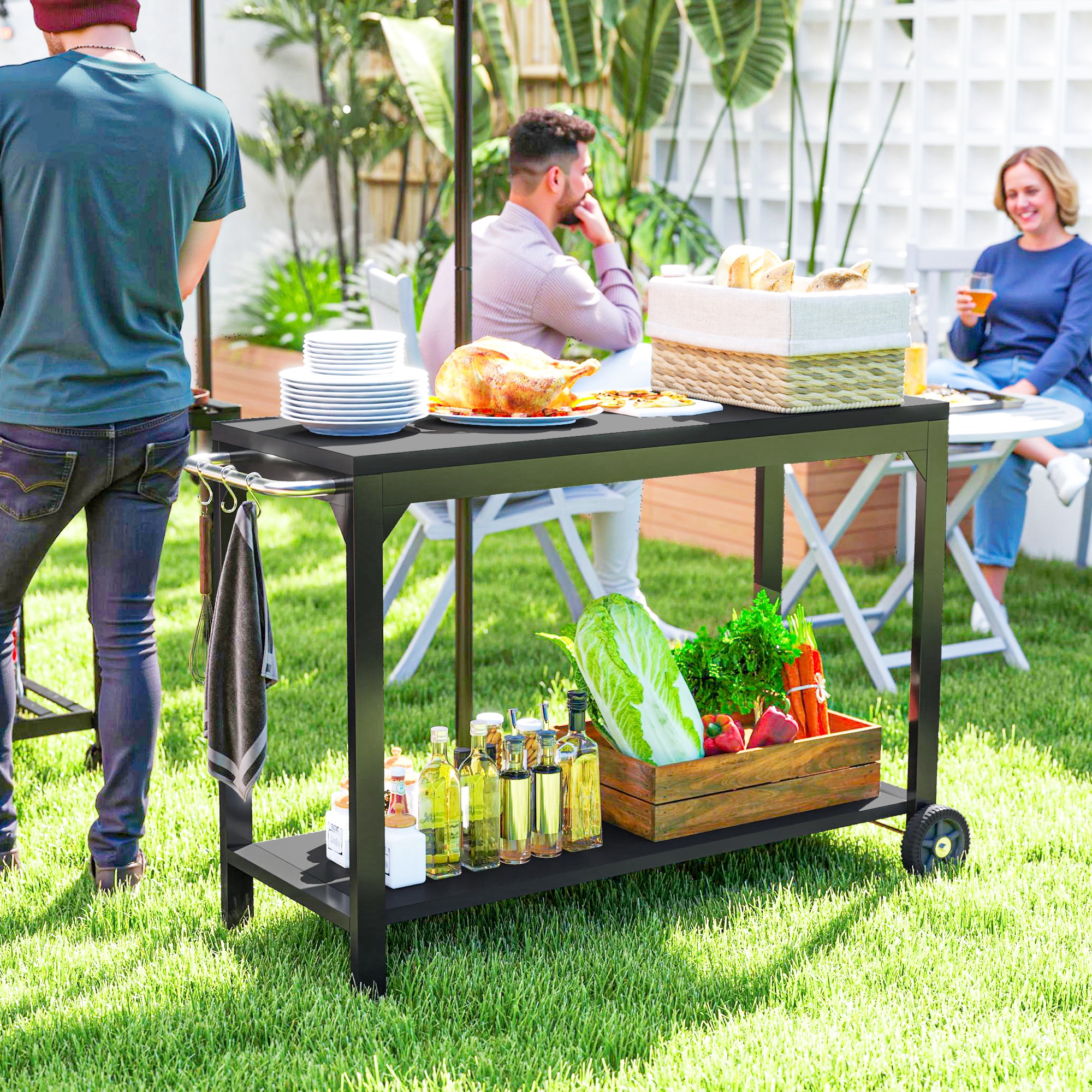 HOMCOM Gartenwagen aus Stahl Servierwagen mit Rollen und Arbeitsfläche 135 x 55 x 86,5 cm Schwarz