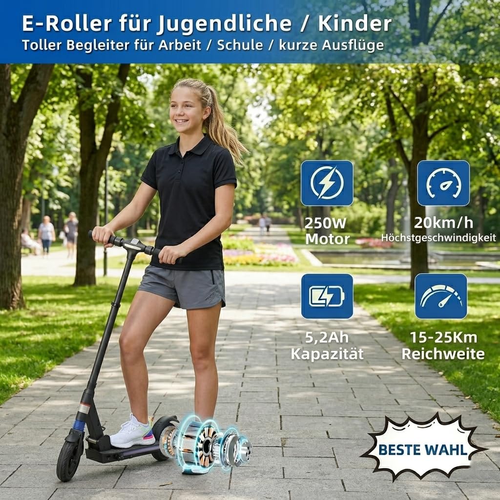 Elektroroller F8 für Kinder und Jugendliche 250 W Motor 20 km/h faltbar höhenverstellbarer Lenker Trommelbremse LED-Anzeige