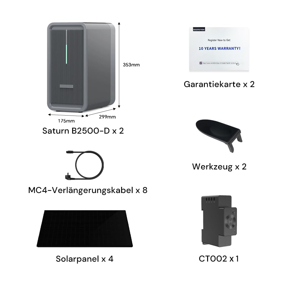 Marstek B2500 Balkonkraftwerk mit Speicher/500W Solarpanel/Intelligenter Zähler: 19% MwSt, 4480Wh LiFePO4 Solarbank Speicher, 2 MPPTs, 1600W Max. PV Solareingang & 800W DC-Ausgang, IP65, Plug&Play
