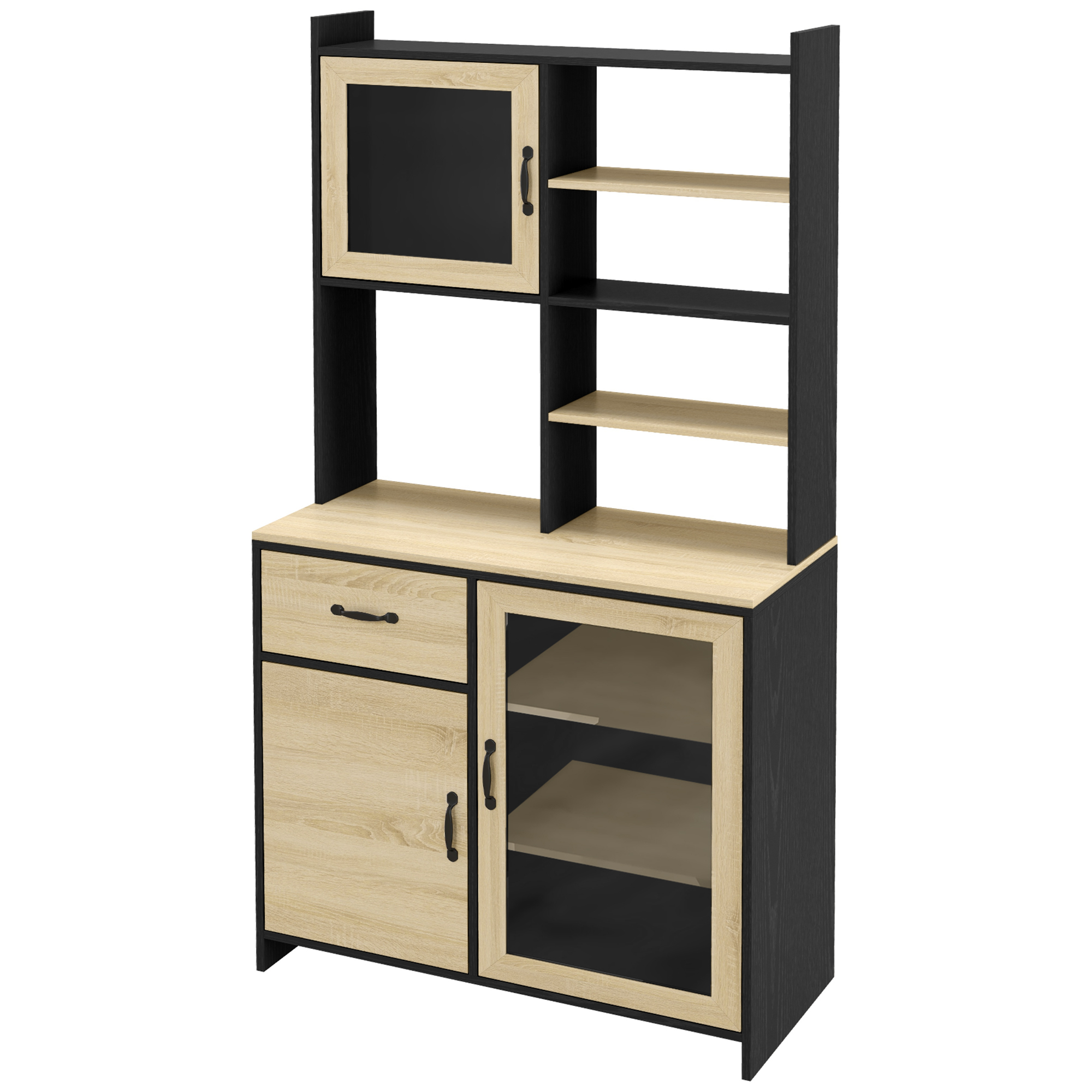 HOMCOM Küchenschrank Buffet hoch mit 1 Schublade 3 Schränken Regalen 2 Glastüren 90 x 39 x 177 cm Schwarz Natur