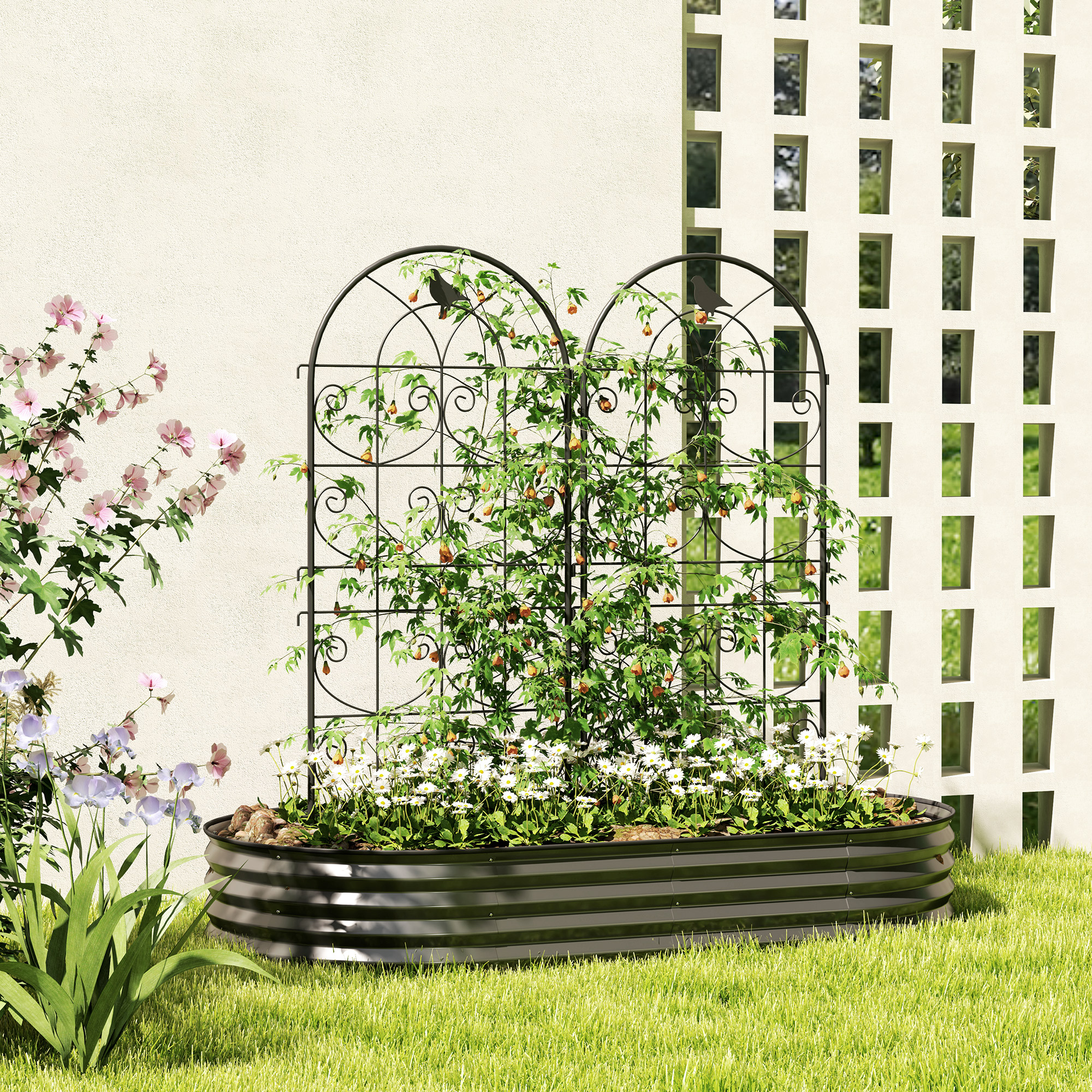 Outsunny Rankgitter Metall 2er Set zum Stecken rostfrei Rankhilfe mit Vogeldesign für Kletterpflanzen 50x120 cm Schwarz