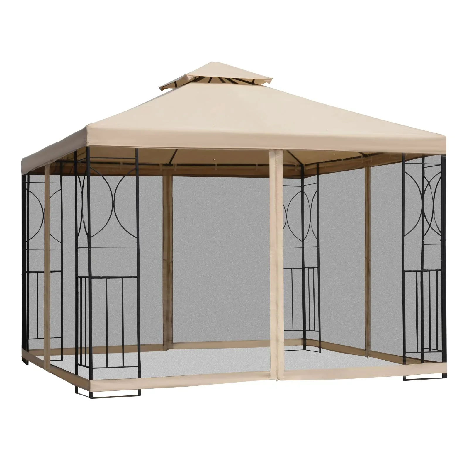 Outsunny Tuinpaviljoen Dubbel Dak met Schappen en Net-Zijwanden