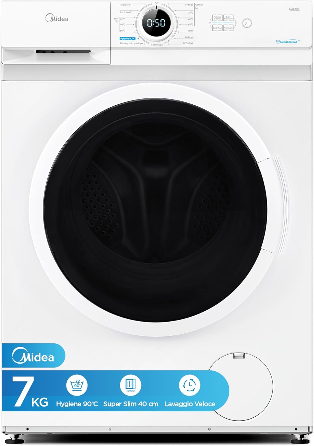 Midea MF100W70/E Lavatrice a Carica Frontale, 7 kg, 40cm di profondità Slim Design, 1200 Giri, Hygiene 90 ℃, Opzioni di Temperatura Multiple, Colore Bianco
