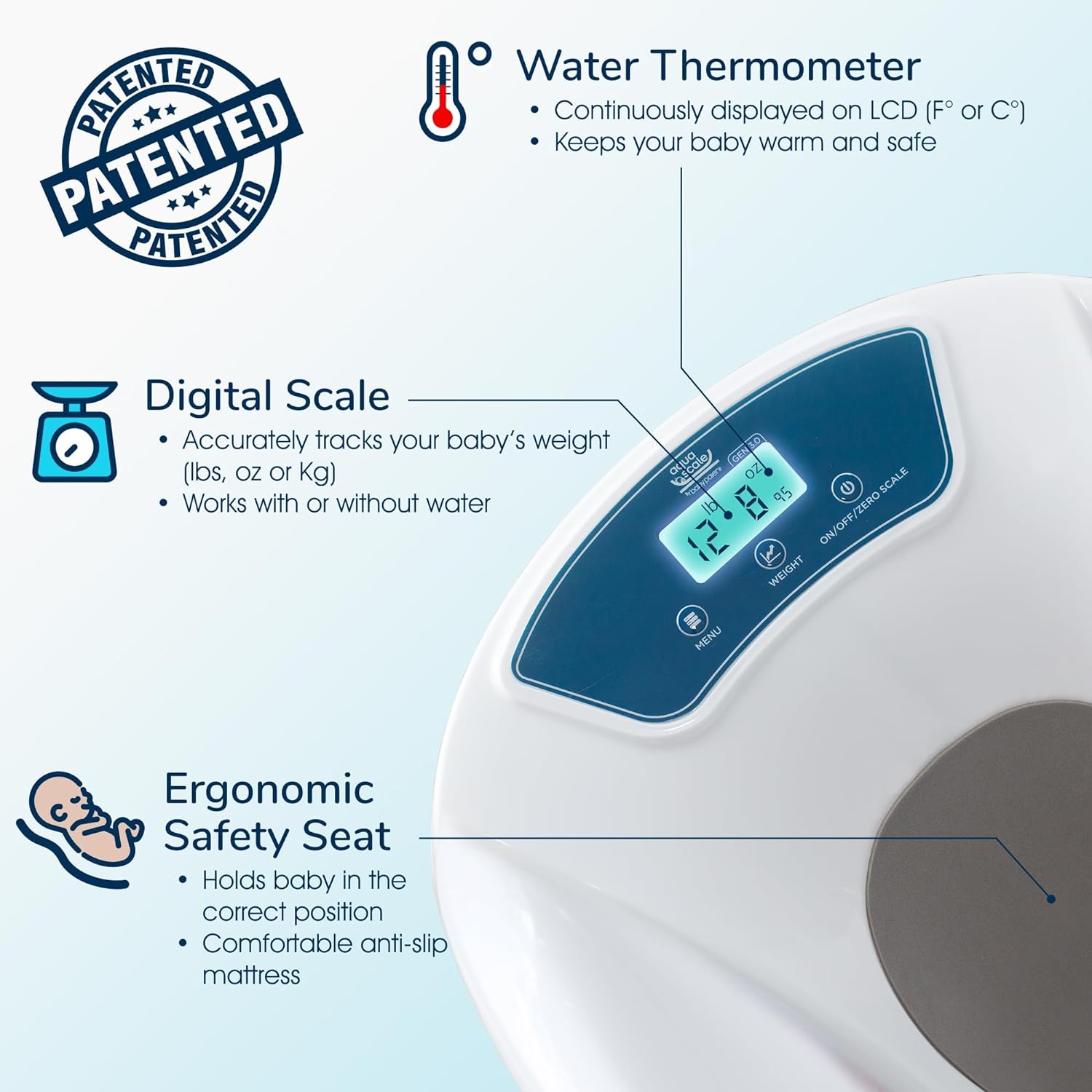Vasca da bagno per neonati AquaScale di Baby Patent - 0-24 mesi - GEN 3 - con termometro e bilancia | Vasca da bagno per neonati, bambini e bambini piccoli, da piccoli a grandi
