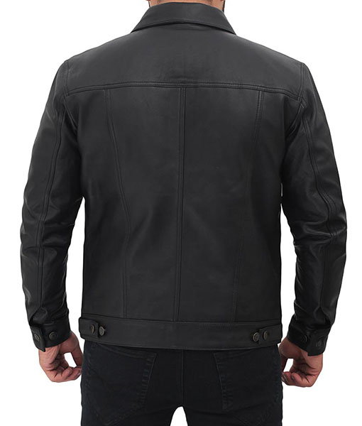 Mens Genuine Leather Black Trucker Jacket