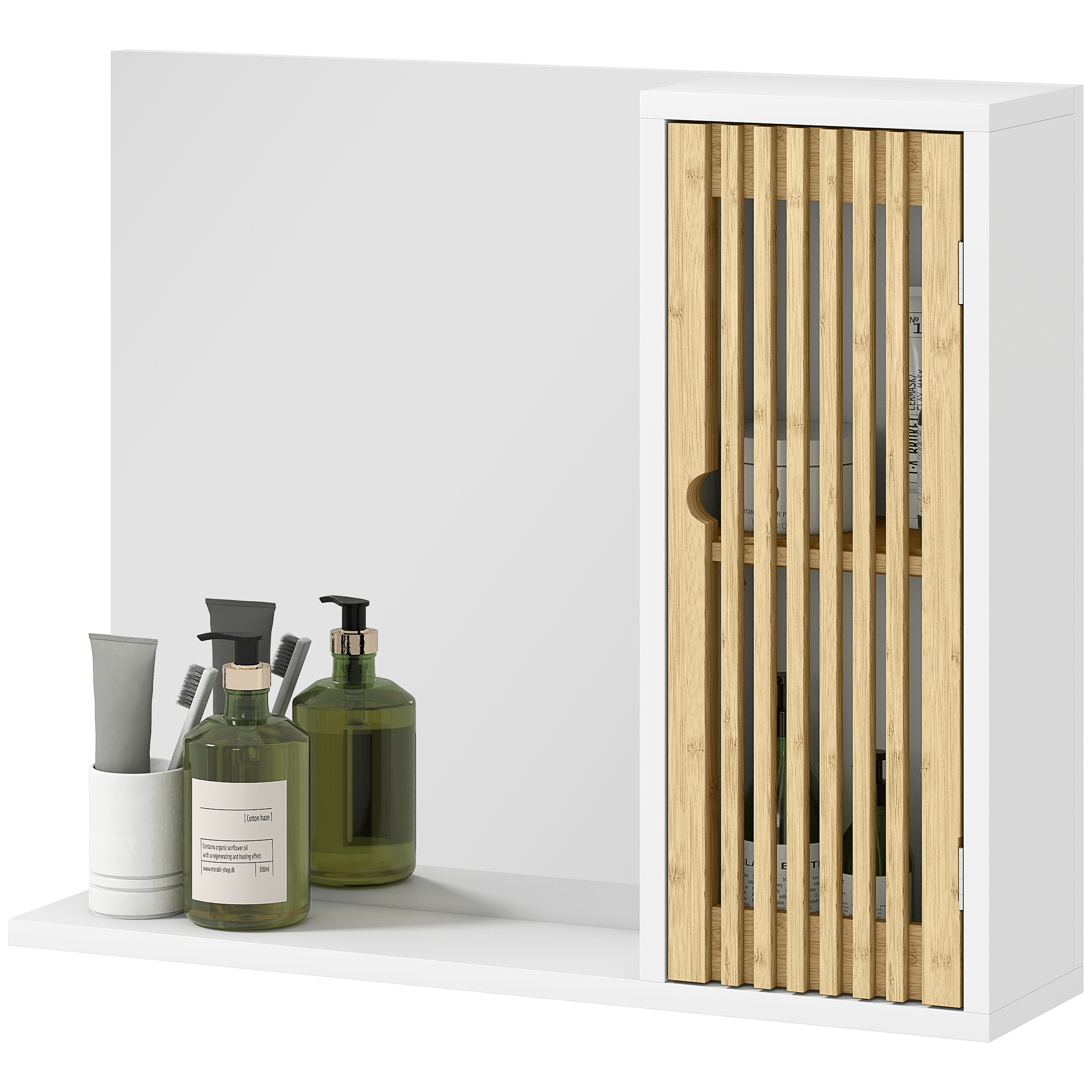 HOMCOM Badezimmerschrank mit Spiegel, Regal, Tür mit Bambuslatten und verstellbarem Regal, weiß