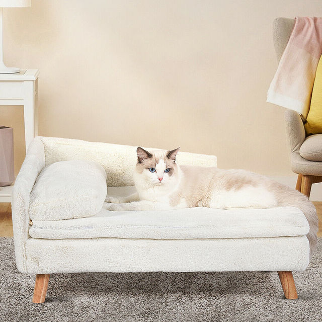 Elevated Pet Sofa Bed �C L-Shape Chaise with Cushion, Pillow & Rubber Wood Legs