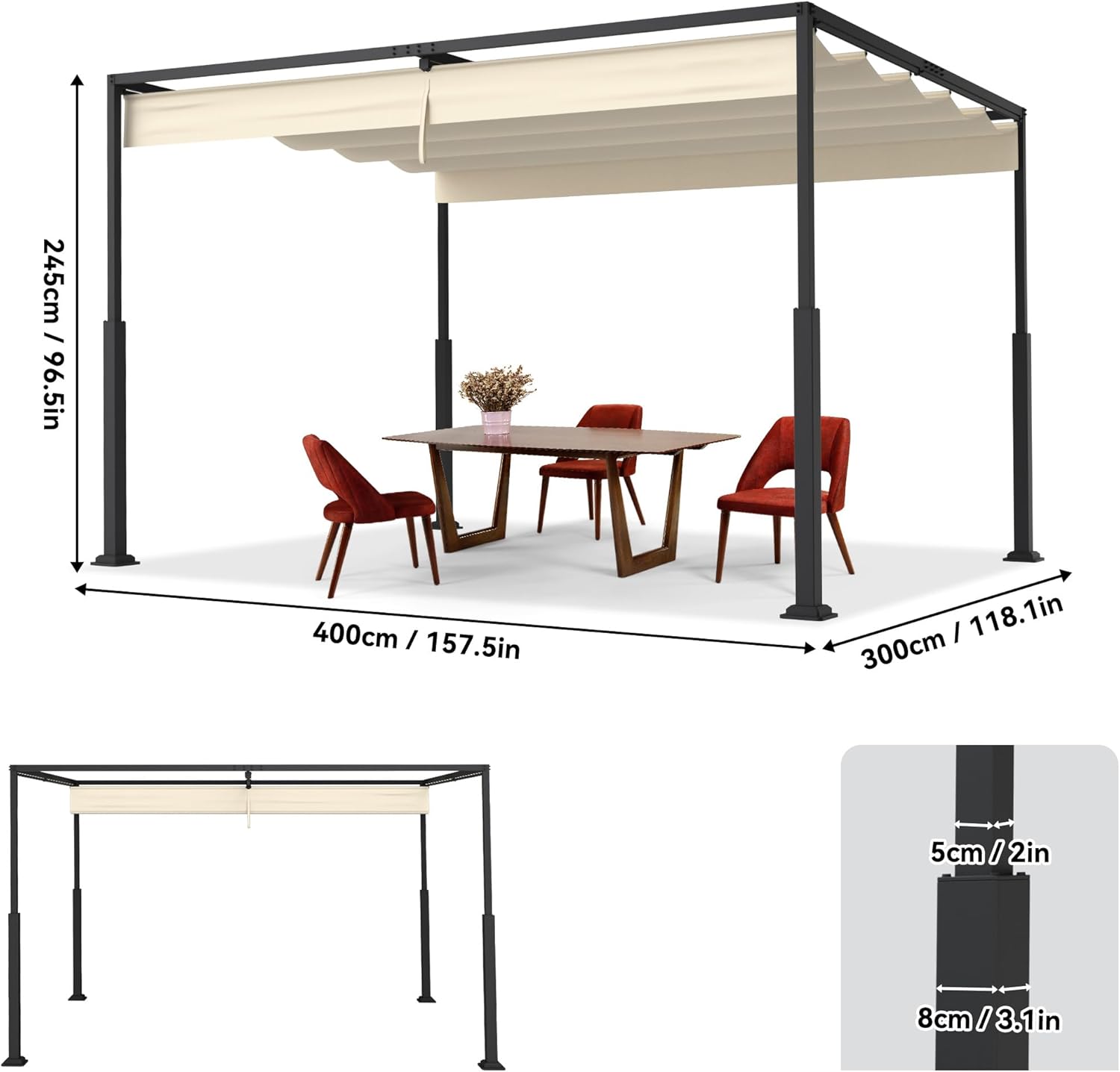 3x4m Pergola, Sturdy Metal Frame, Garden Gazebo with Sunroof and Sun Protection, Retractable Solar Tent for Garden, Terrace and Balcony (Beige)