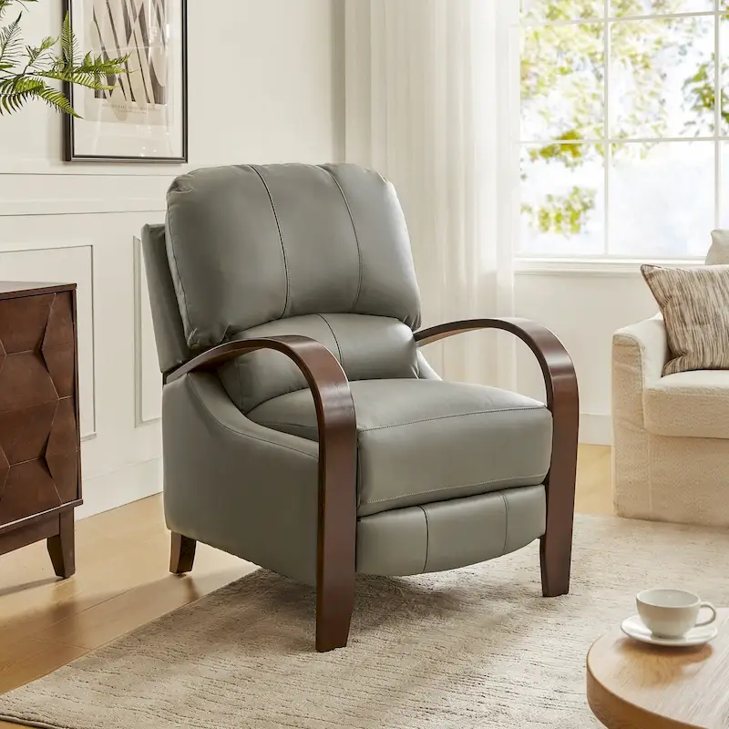 Alex Mid-century Modern Cigar Genuine Leather Manual Recliner with Wooden Curved Arms