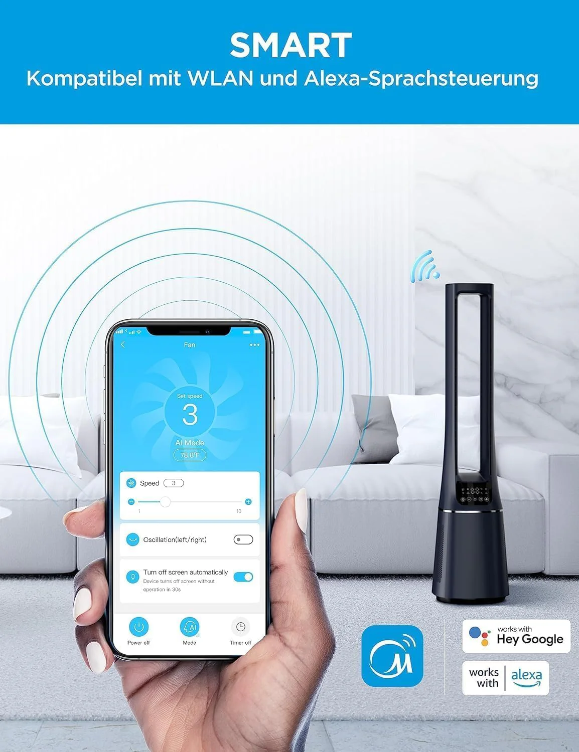 Midea MFP-120i (BL) 2-in-1 Torenventilator Stil 38dB Luchtreiniger H13 True HEPA voor 47,6 �O LED-Display Afstandsbediening Oscillatie 12H Timer Compatibel met Draadloze Verbinding App Alexa Google