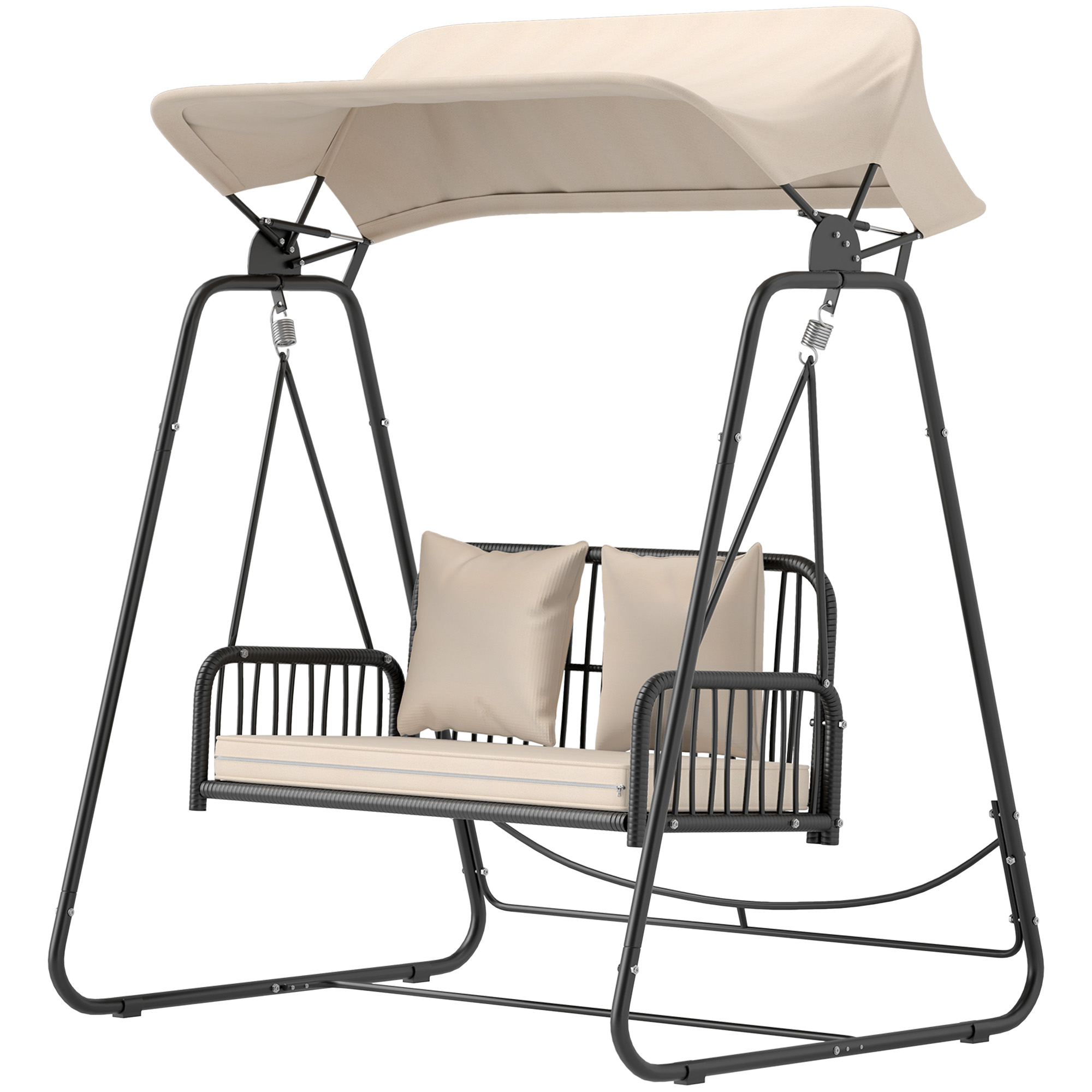 Outsunny Hollywoodschaukel Rattan 2-Sitzer Gartenschaukel mit Sonnendach Kissen bis 240 kg 149 x 121 x 180 cm Khaki