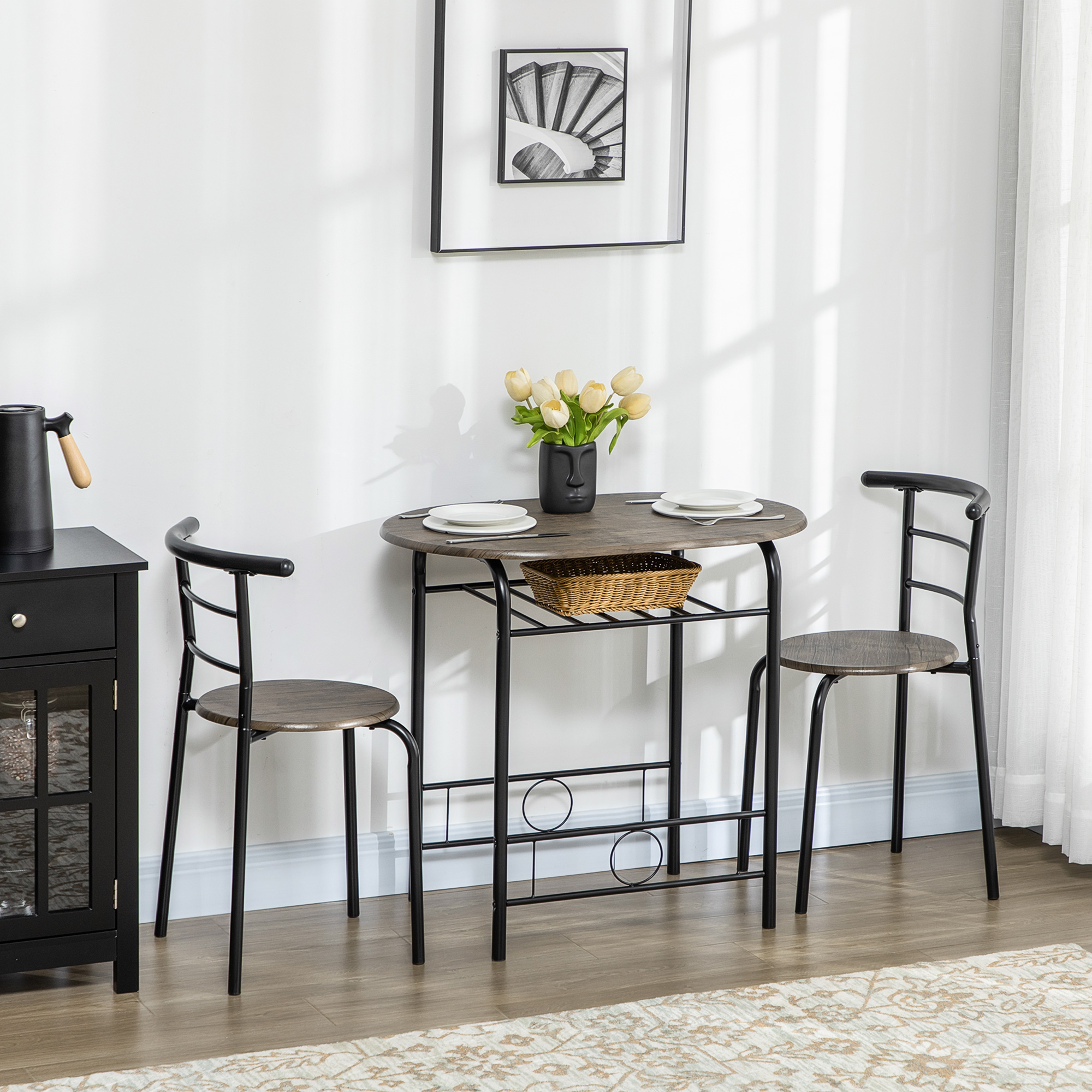 HOMCOM Bistro-Set Esstisch Küchentisch mit Stühlen Set, 1 Tisch, 2 Stühle, 80 cm x 53 cm x 74,5 cm, Schwarz
