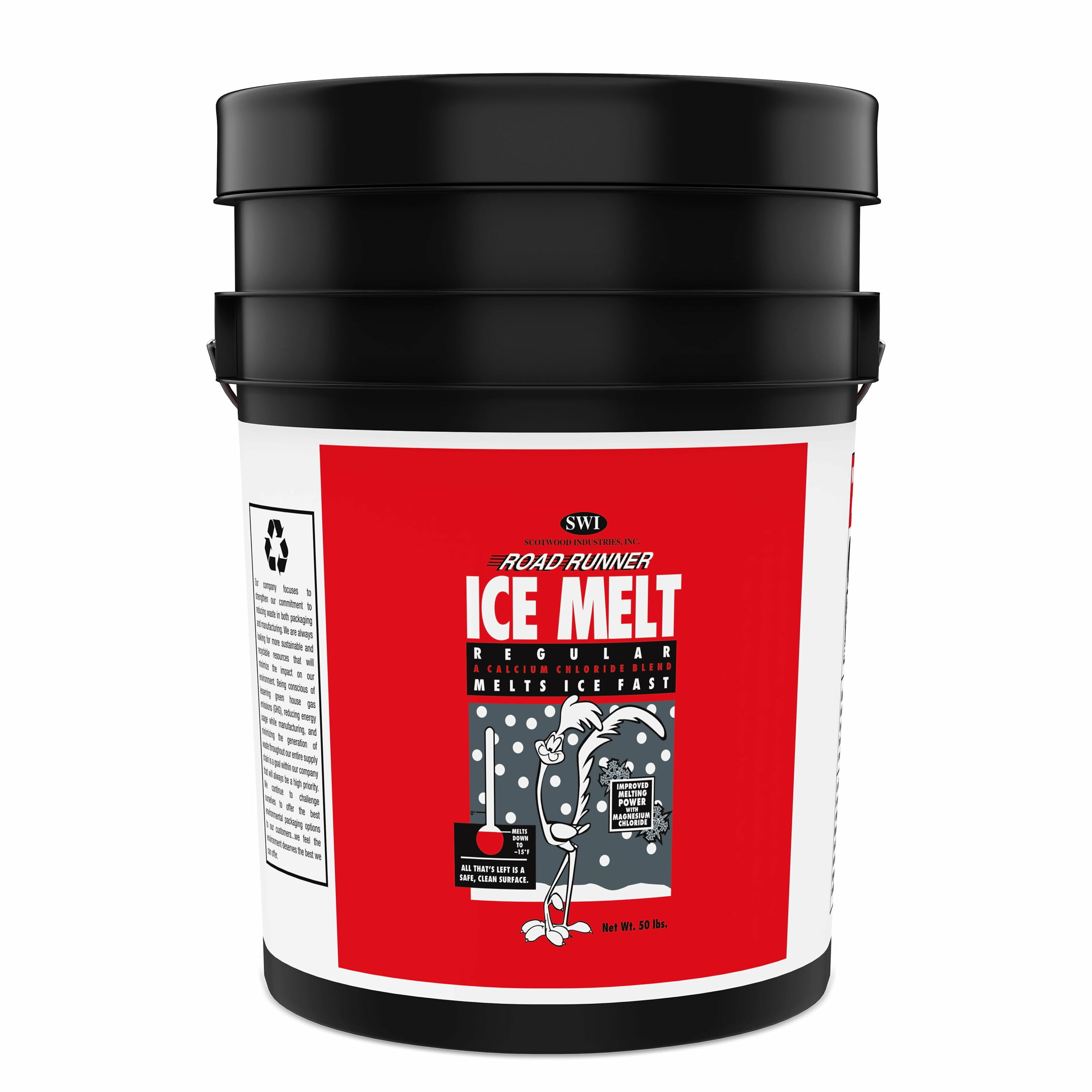 Scotwood Road Runner Ice Melt, 50 lb Pail &ndash; Effective to  15&deg;F, Calcium & Magnesium Chloride, Safe for Streets & Sidewalks